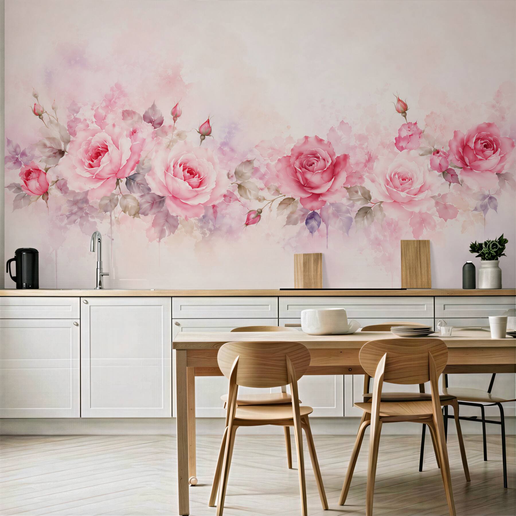 Fototapeta różowe róże akwarelowe z liśćmi na pastelowym tle?v23