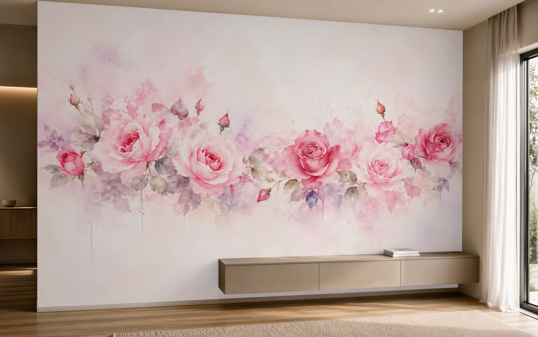 Fototapeta różowe róże akwarelowe z liśćmi na pastelowym tle?v23