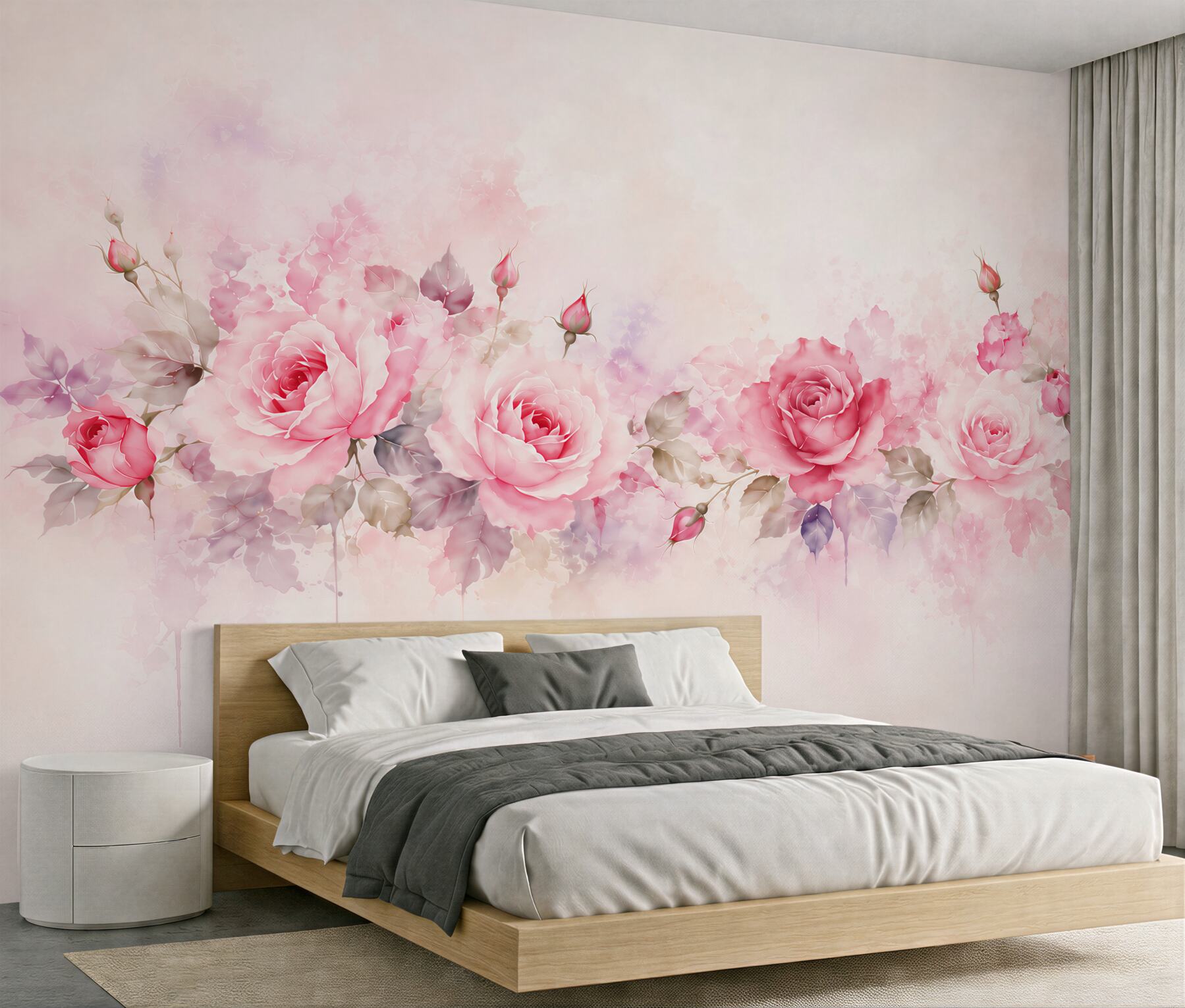 Fototapeta różowe róże akwarelowe z liśćmi na pastelowym tle?v23