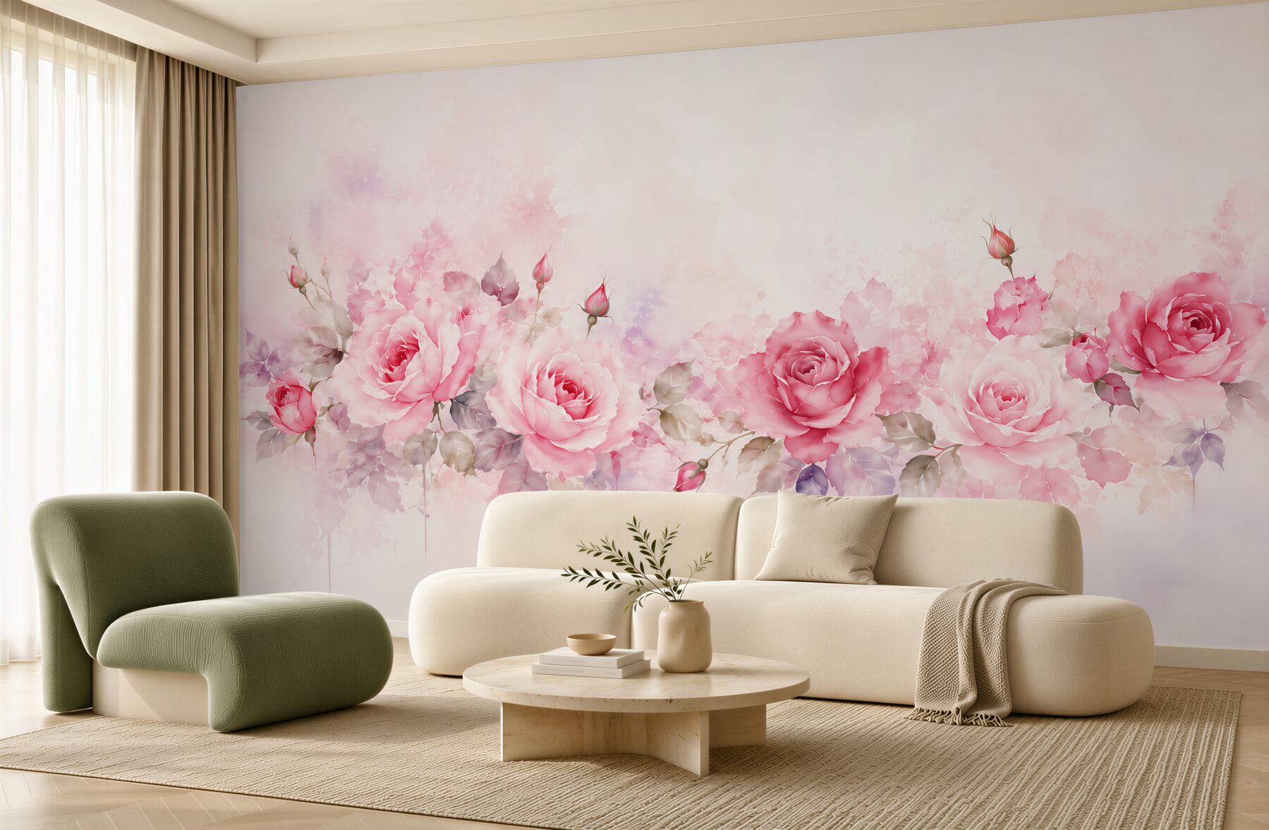 Fototapeta różowe róże akwarelowe z liśćmi na pastelowym tle?v23