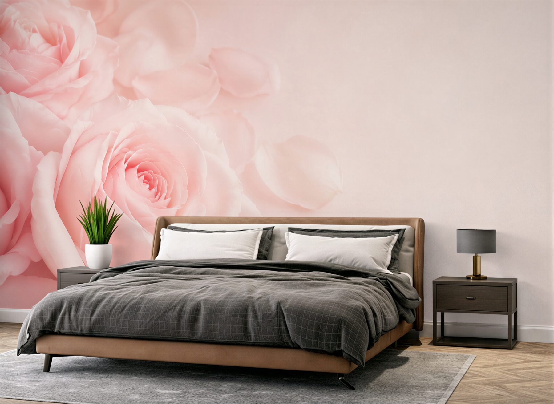 Fototapeta jasnoróżowe róże z płatkami na subtelnym tle
