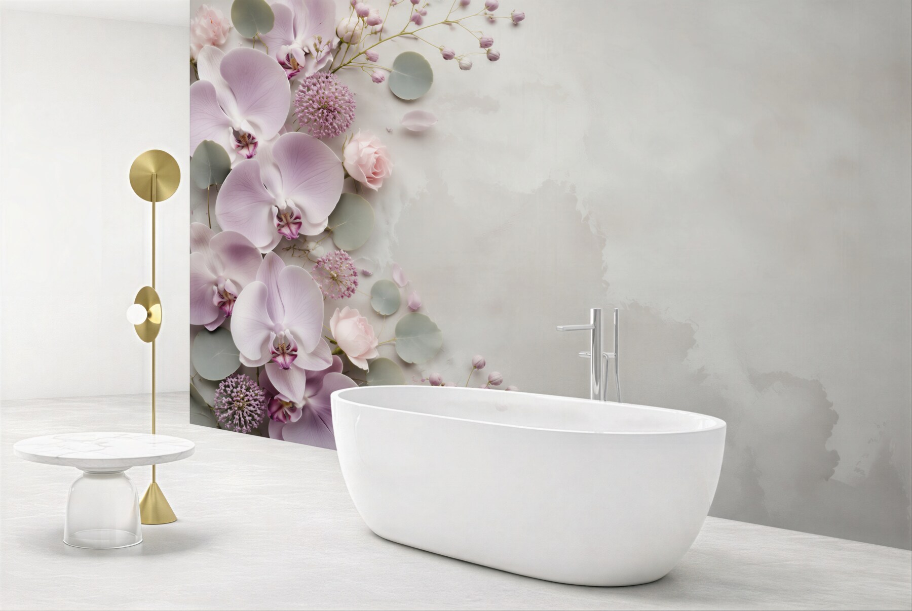 Fototapeta storczyki pastelowe z eukaliptusem na marmurowym tle?v23