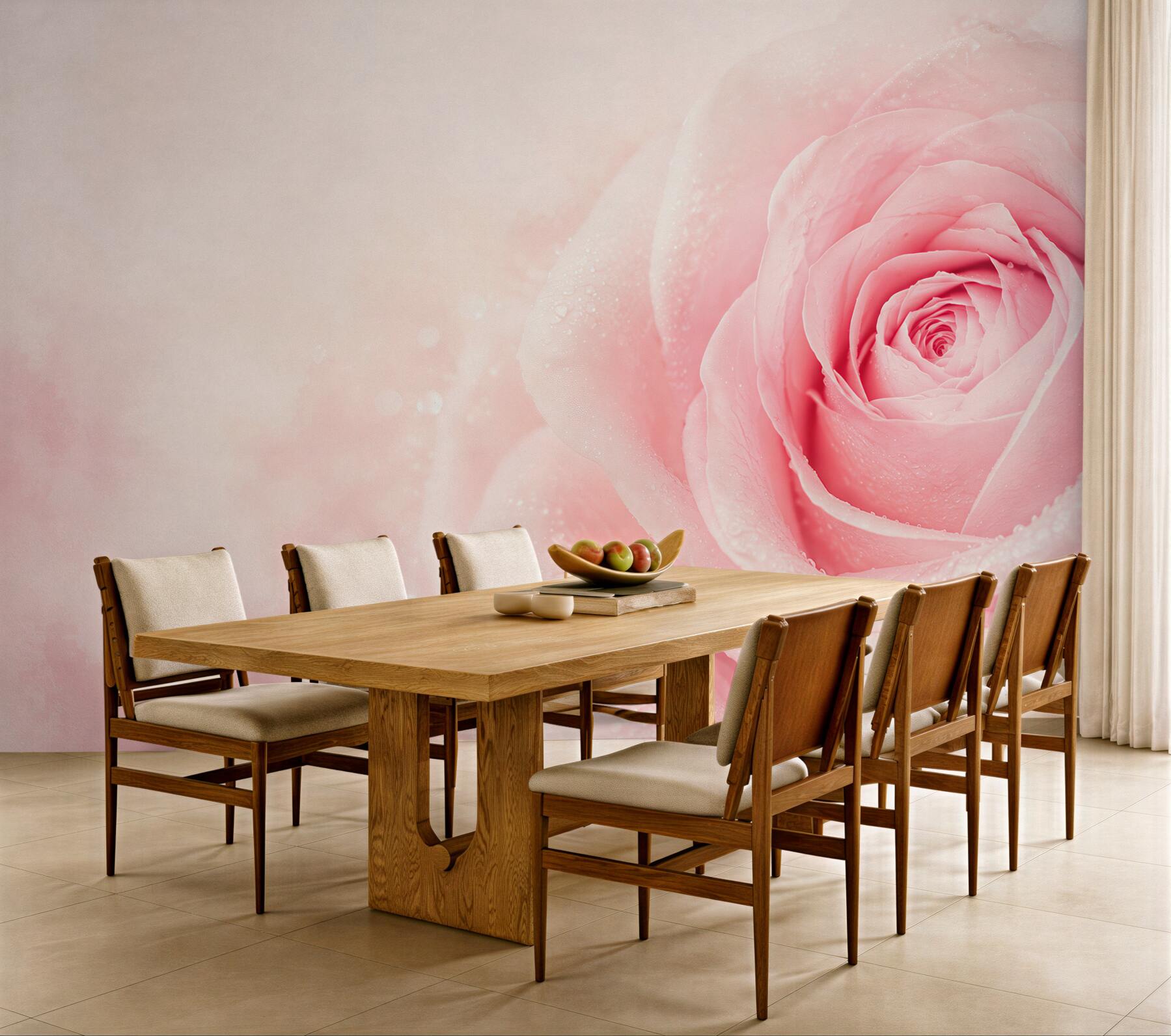 Fototapeta różowa róża z kroplami rosy na delikatnym tle?v23