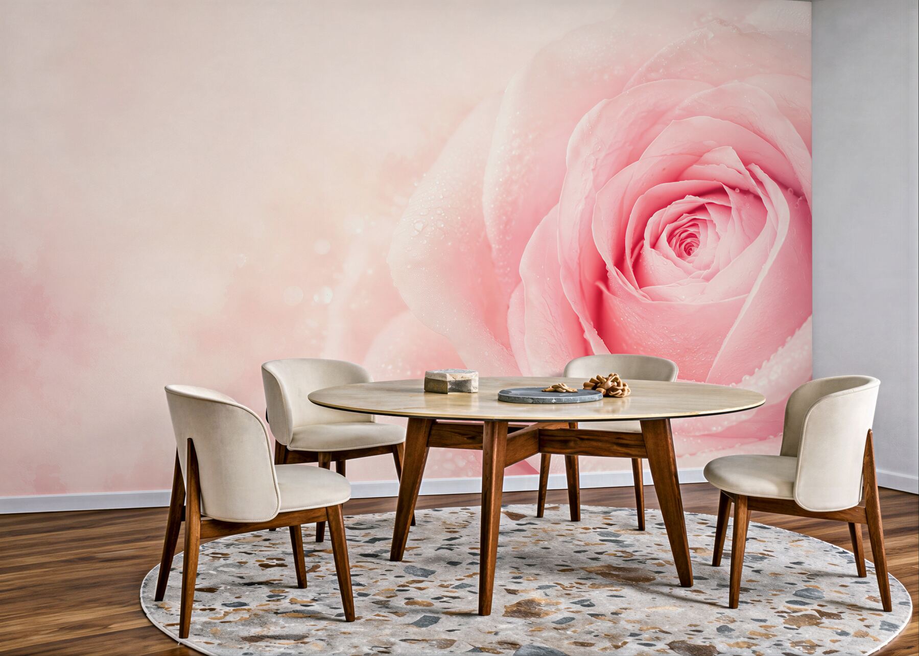 Fototapeta różowa róża z kroplami rosy na delikatnym tle?v23