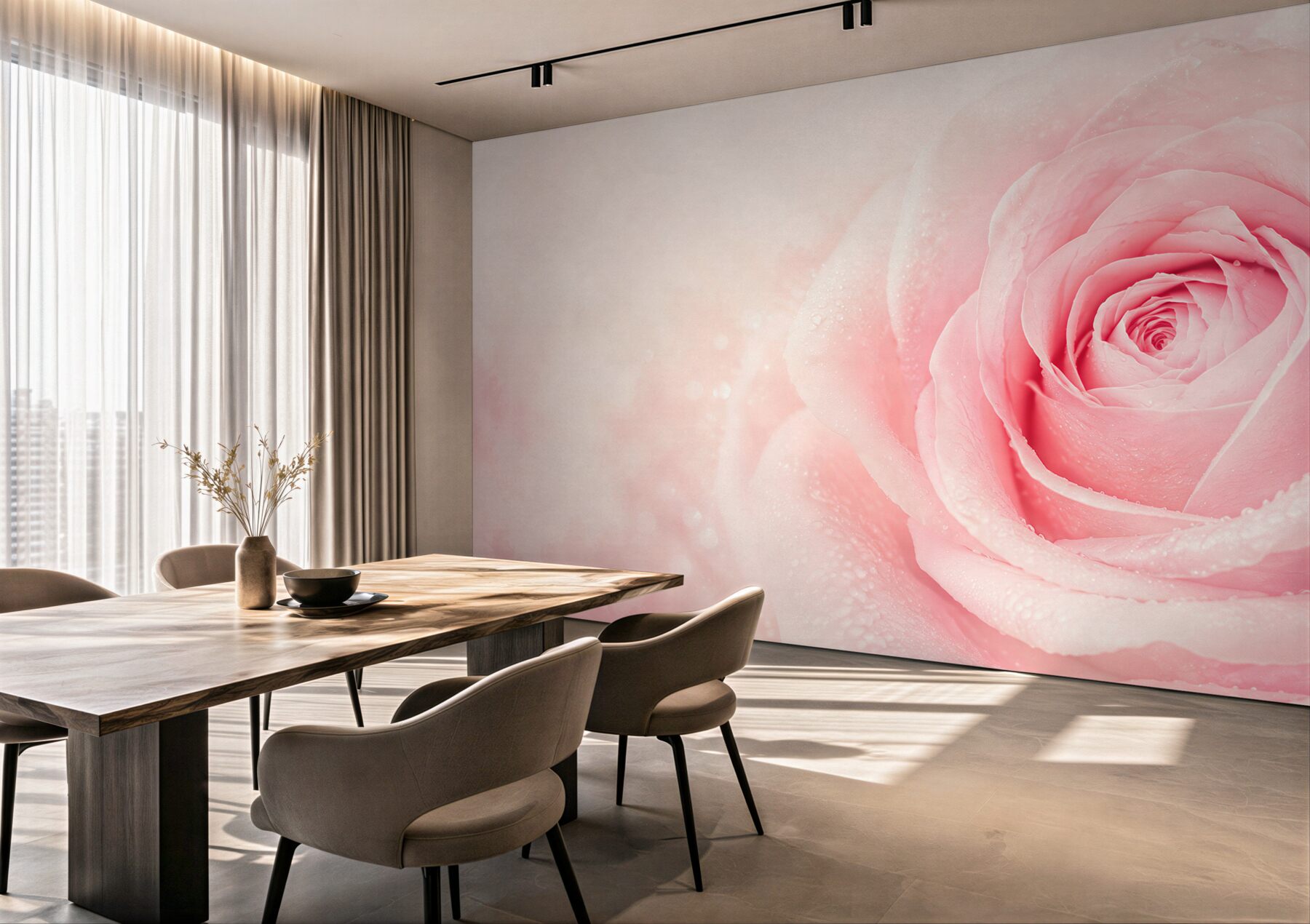 Fototapeta różowa róża z kroplami rosy na delikatnym tle?v23