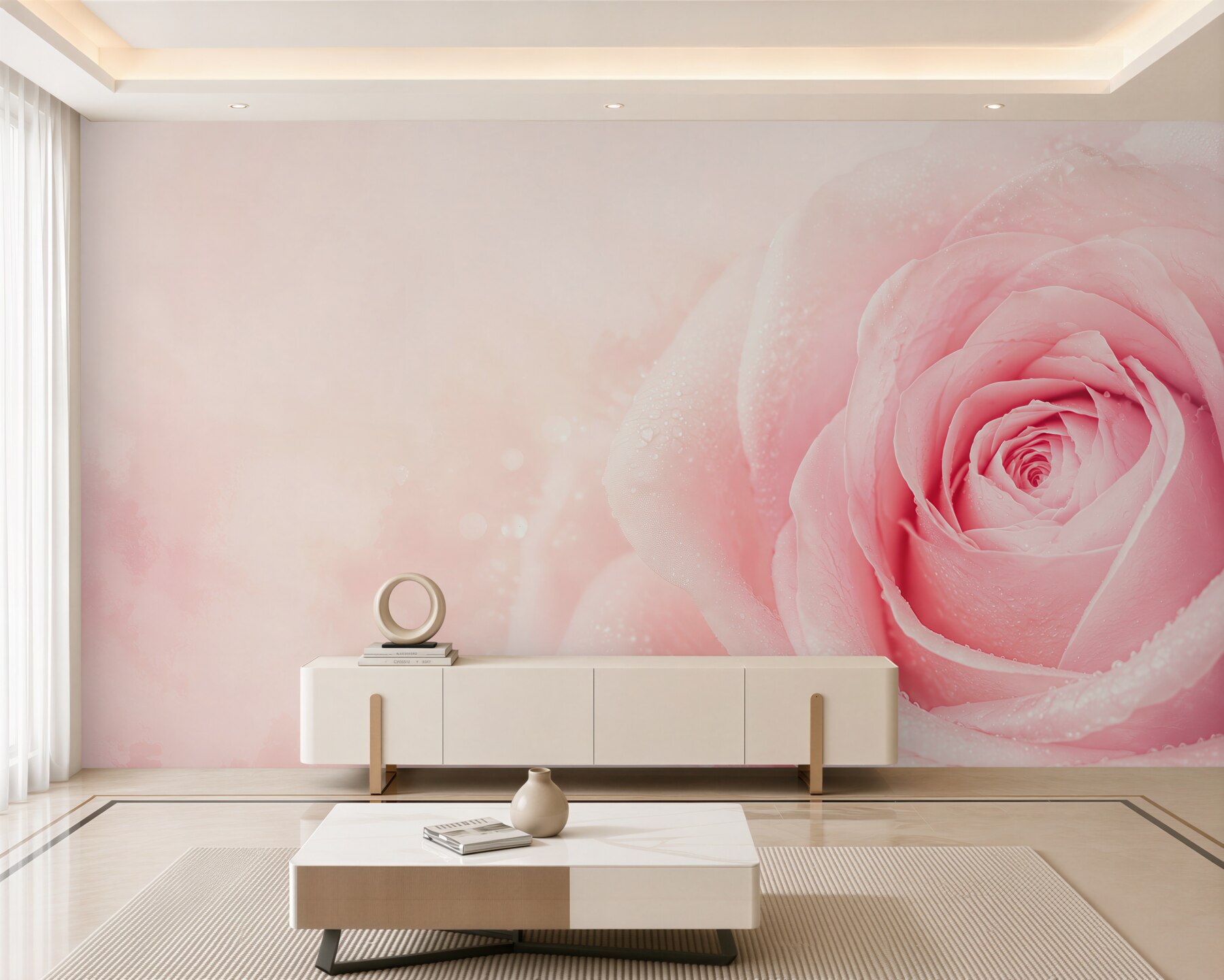 Fototapeta różowa róża z kroplami rosy na delikatnym tle?v23