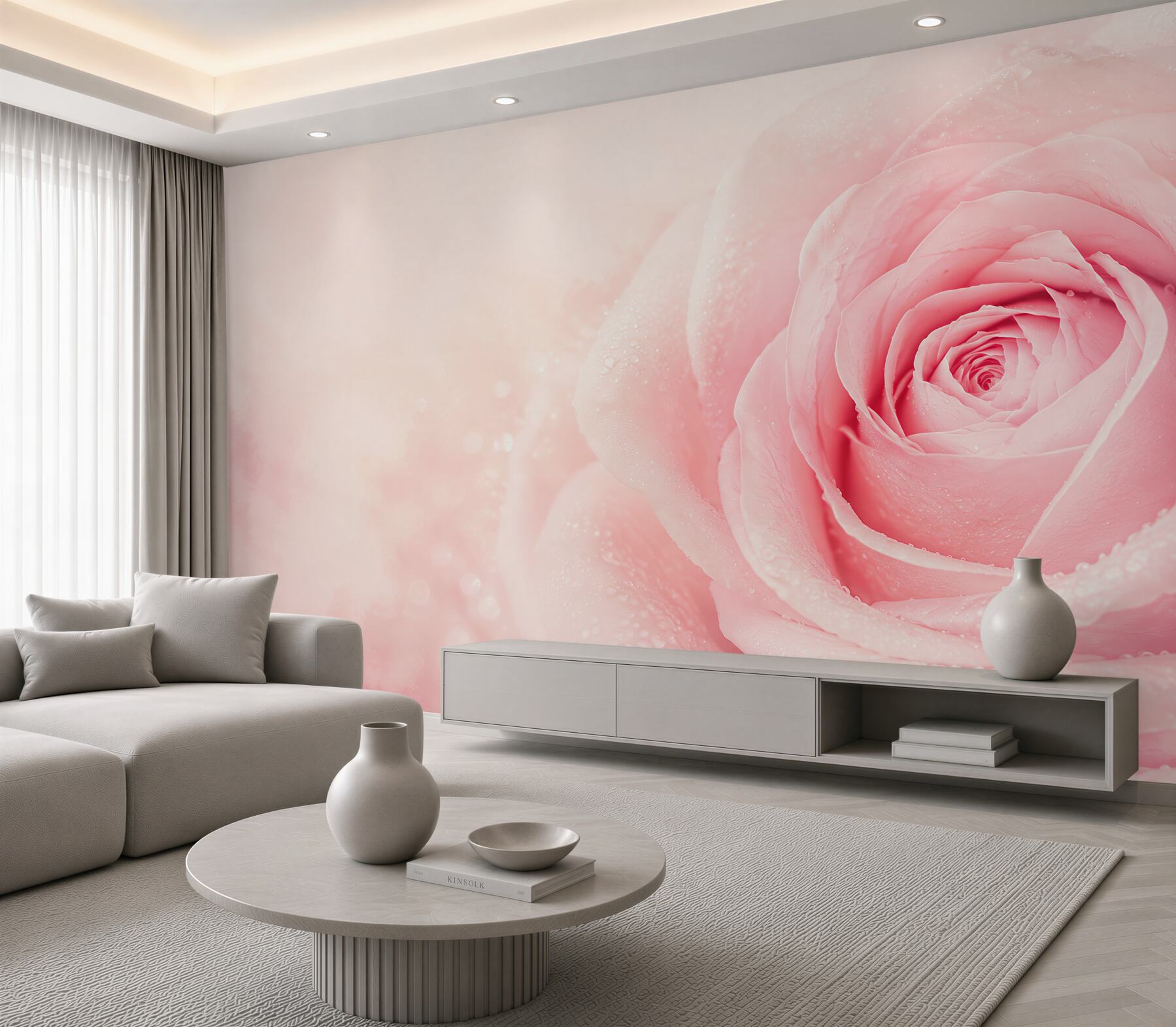 Fototapeta różowa róża z kroplami rosy na delikatnym tle?v23