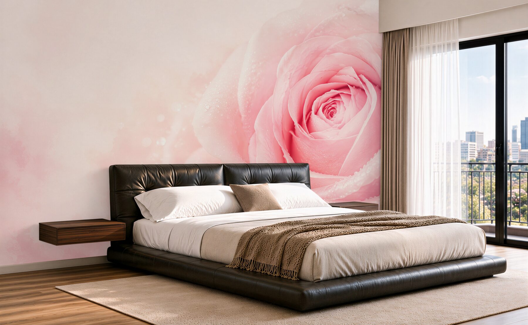 Fototapeta różowa róża z kroplami rosy na delikatnym tle?v23