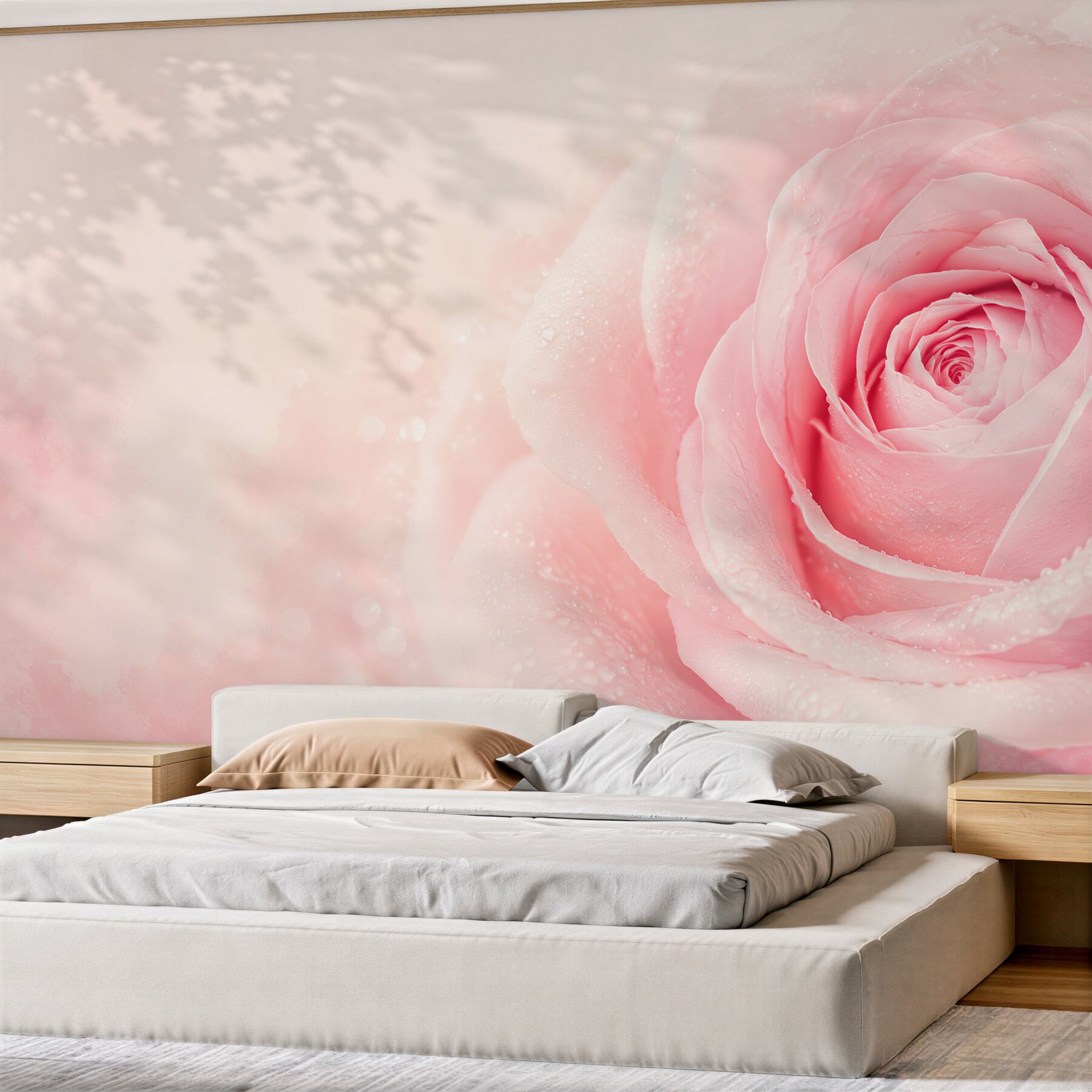 Fototapeta różowa róża z kroplami rosy na delikatnym tle