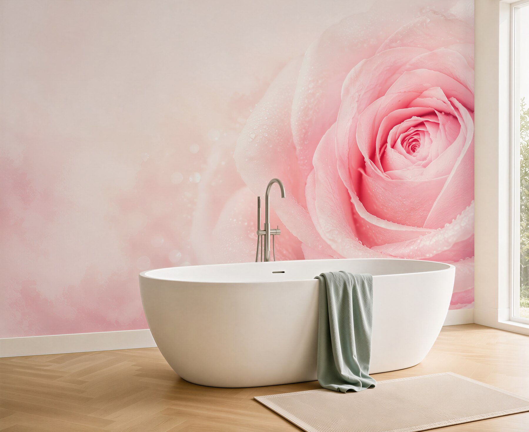 Fototapeta różowa róża z kroplami rosy na delikatnym tle?v23