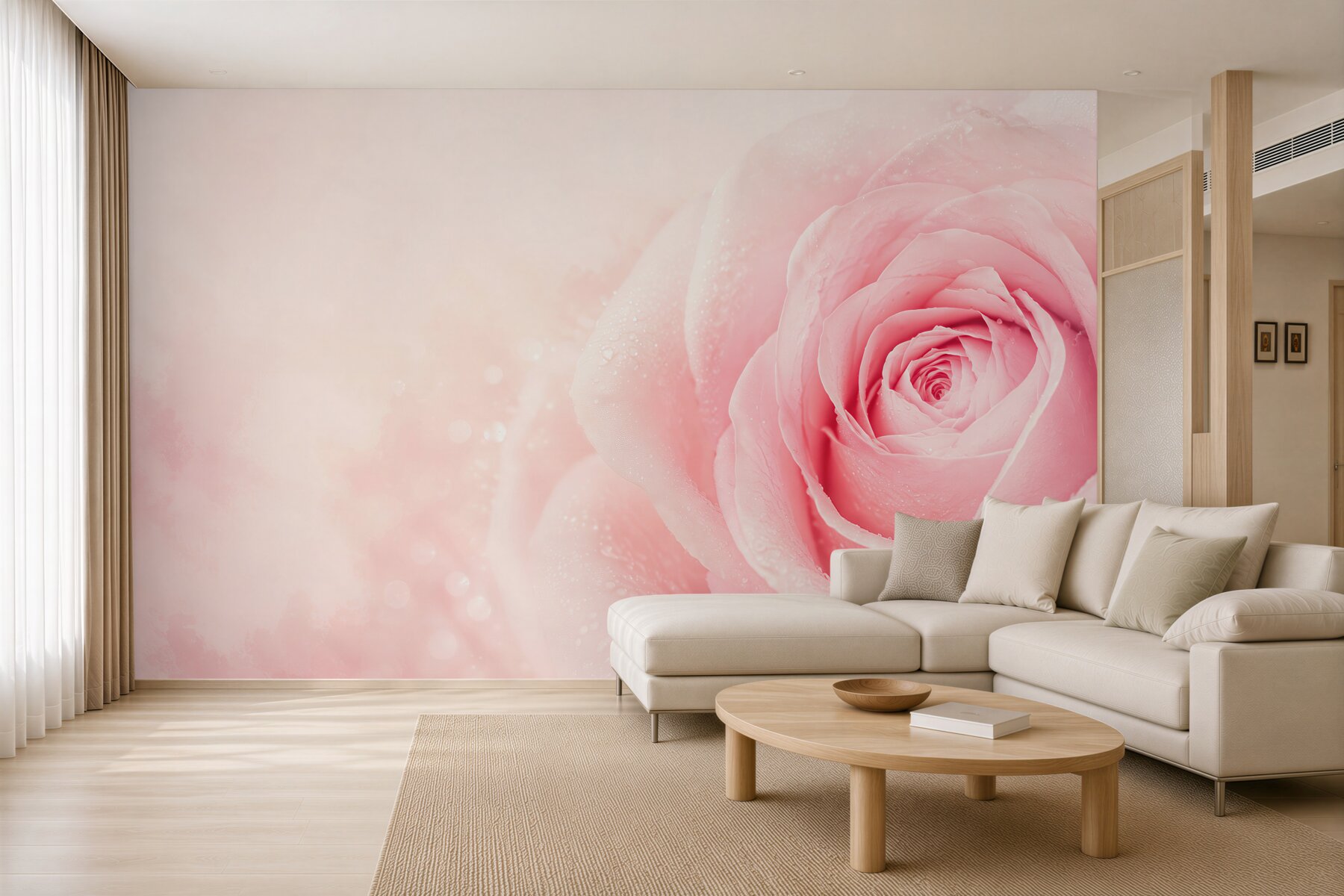 Fototapeta różowa róża z kroplami rosy na delikatnym tle?v23