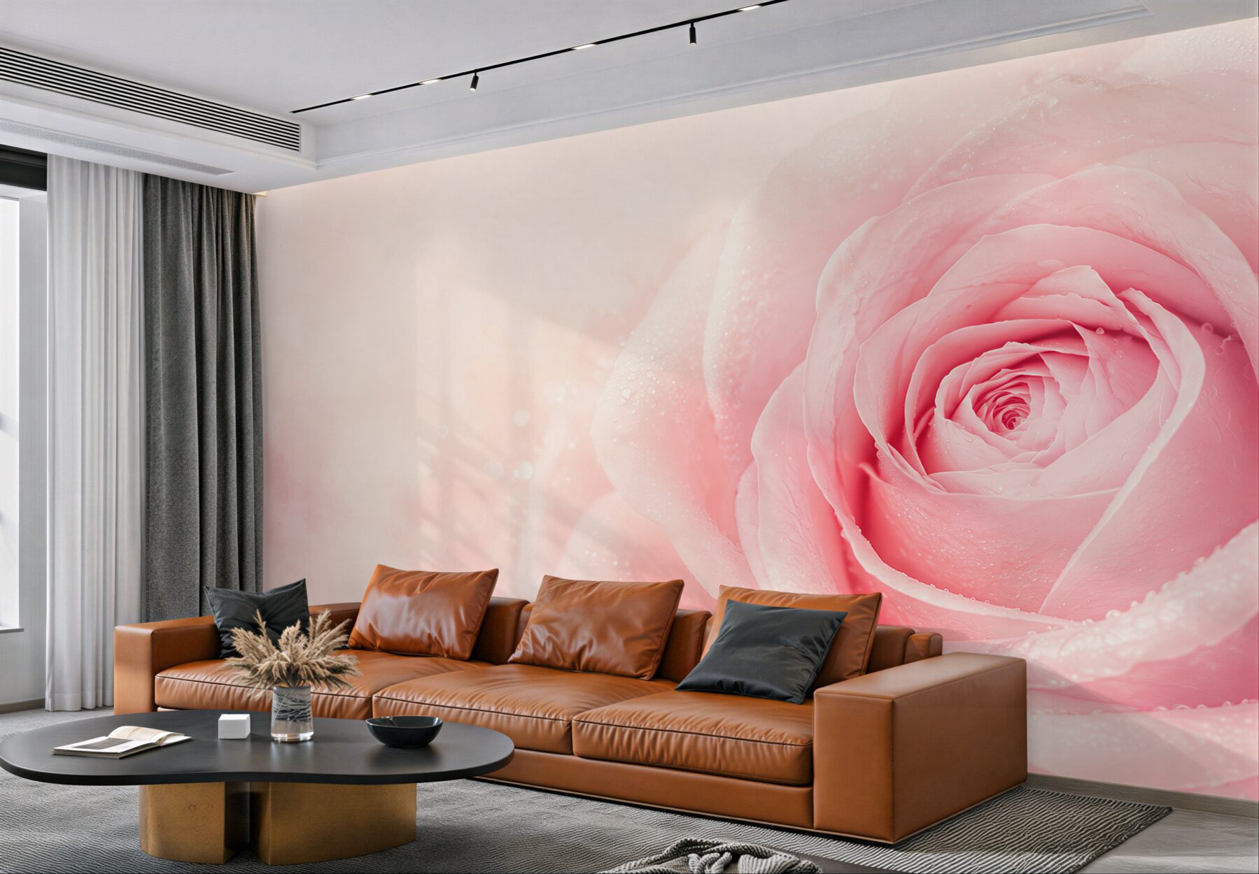 Fototapeta różowa róża z kroplami rosy na delikatnym tle?v23
