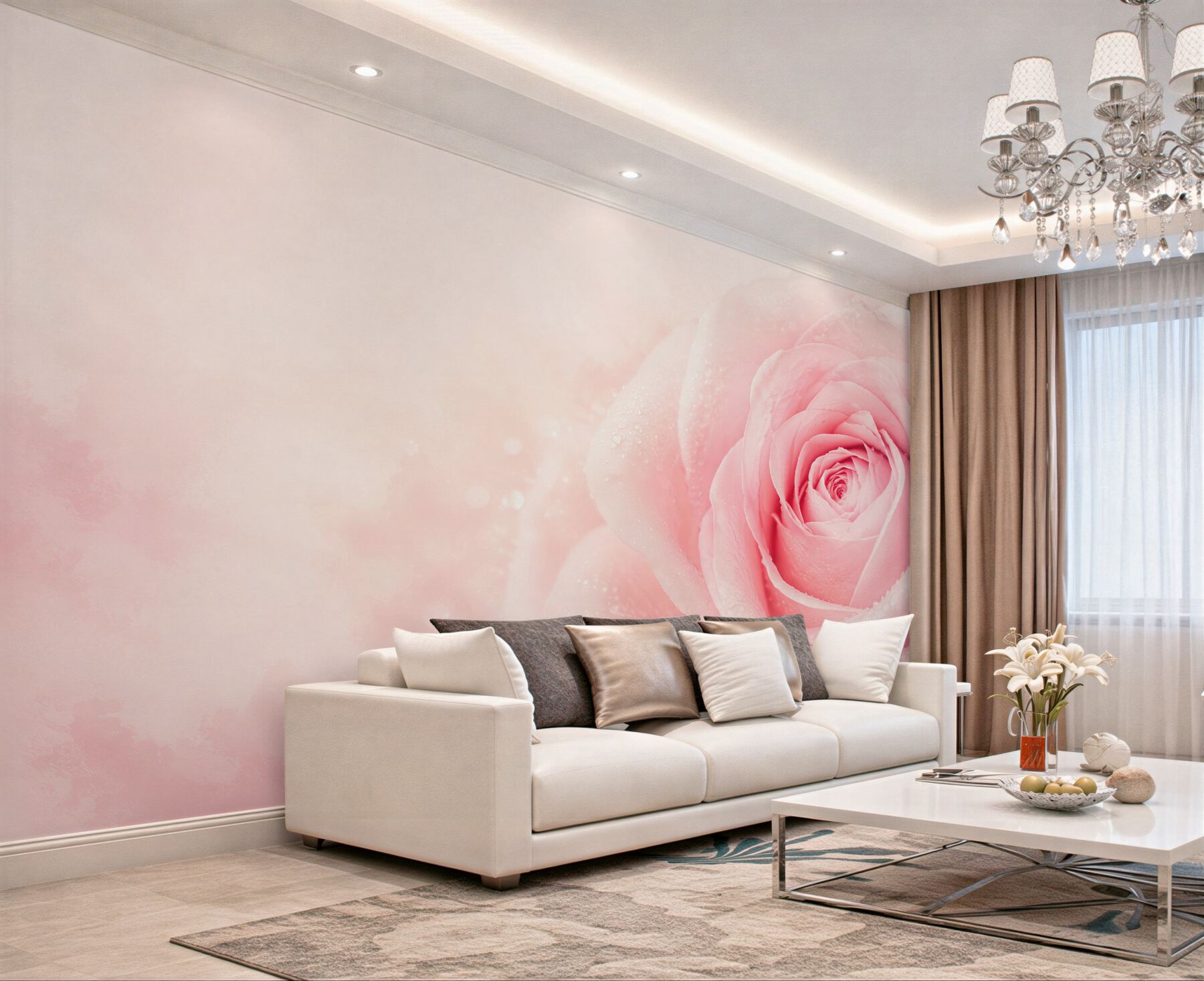 Fototapeta różowa róża z kroplami rosy na delikatnym tle?v23