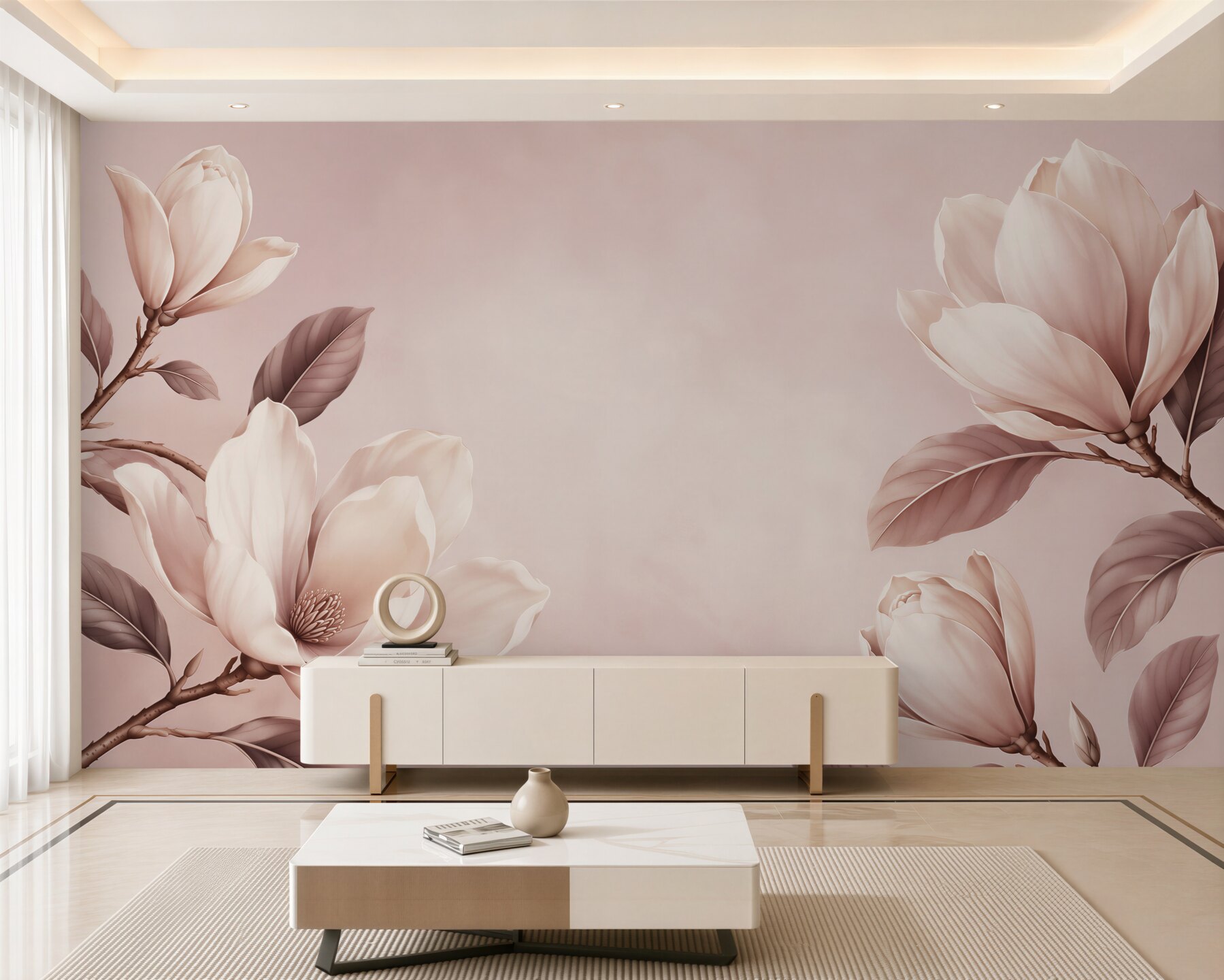 Fototapeta magnolie kremowe na gałęziach w pudrowym różu?v23