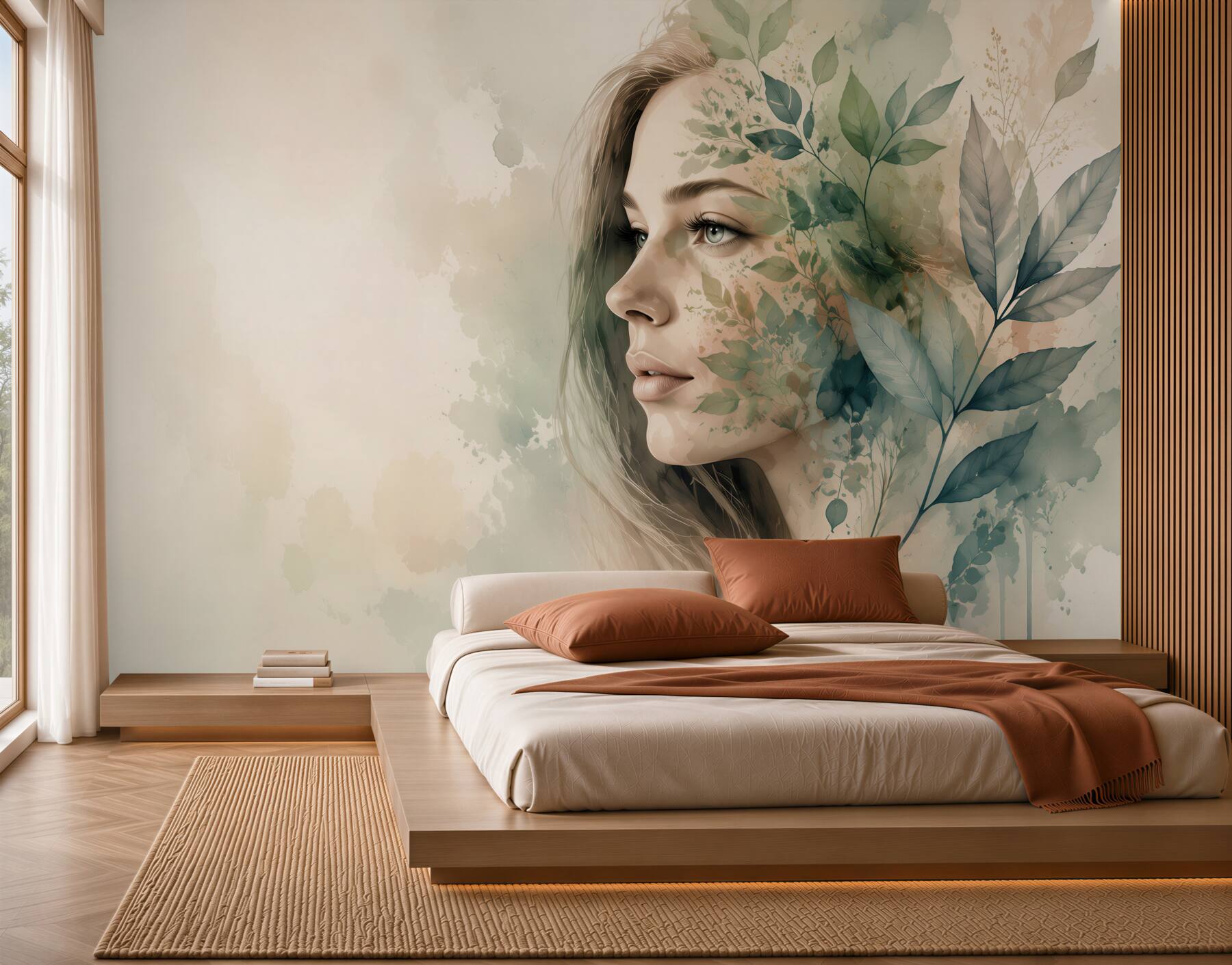 Fototapeta kobiecy portret z liśćmi w zielono beżowych akwarelach?v23