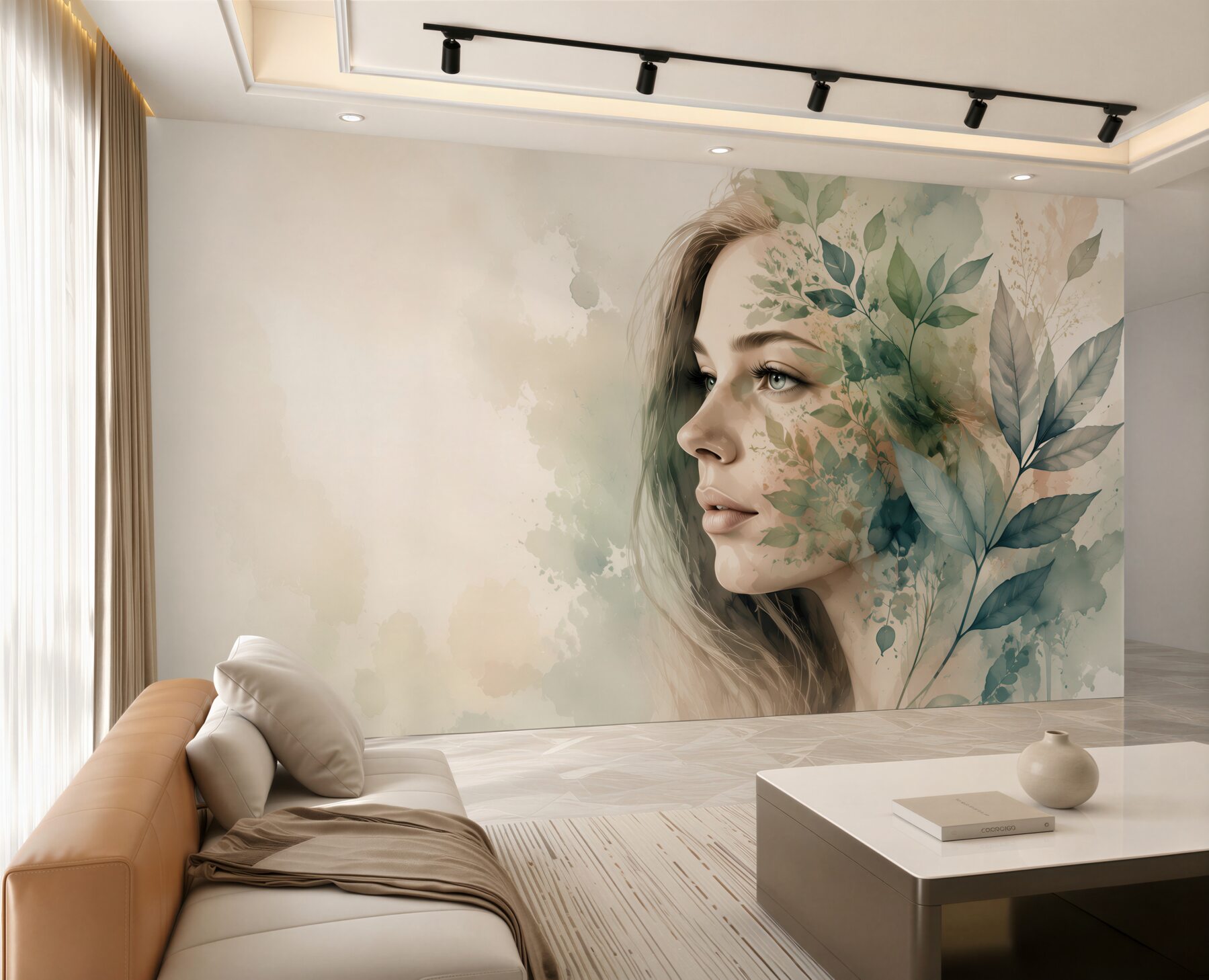 Fototapeta kobiecy portret z liśćmi w zielono beżowych akwarelach?v23