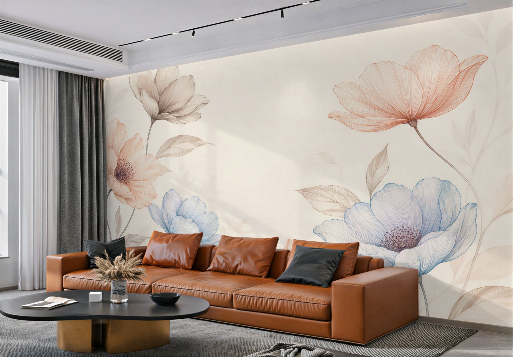 Fototapeta kwiaty line art w pastelowym różu i błękicie?v23