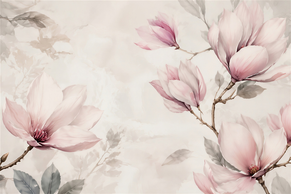 Fototapeta magnolie pudrowo różowe na gałęziach w stylu akwareli