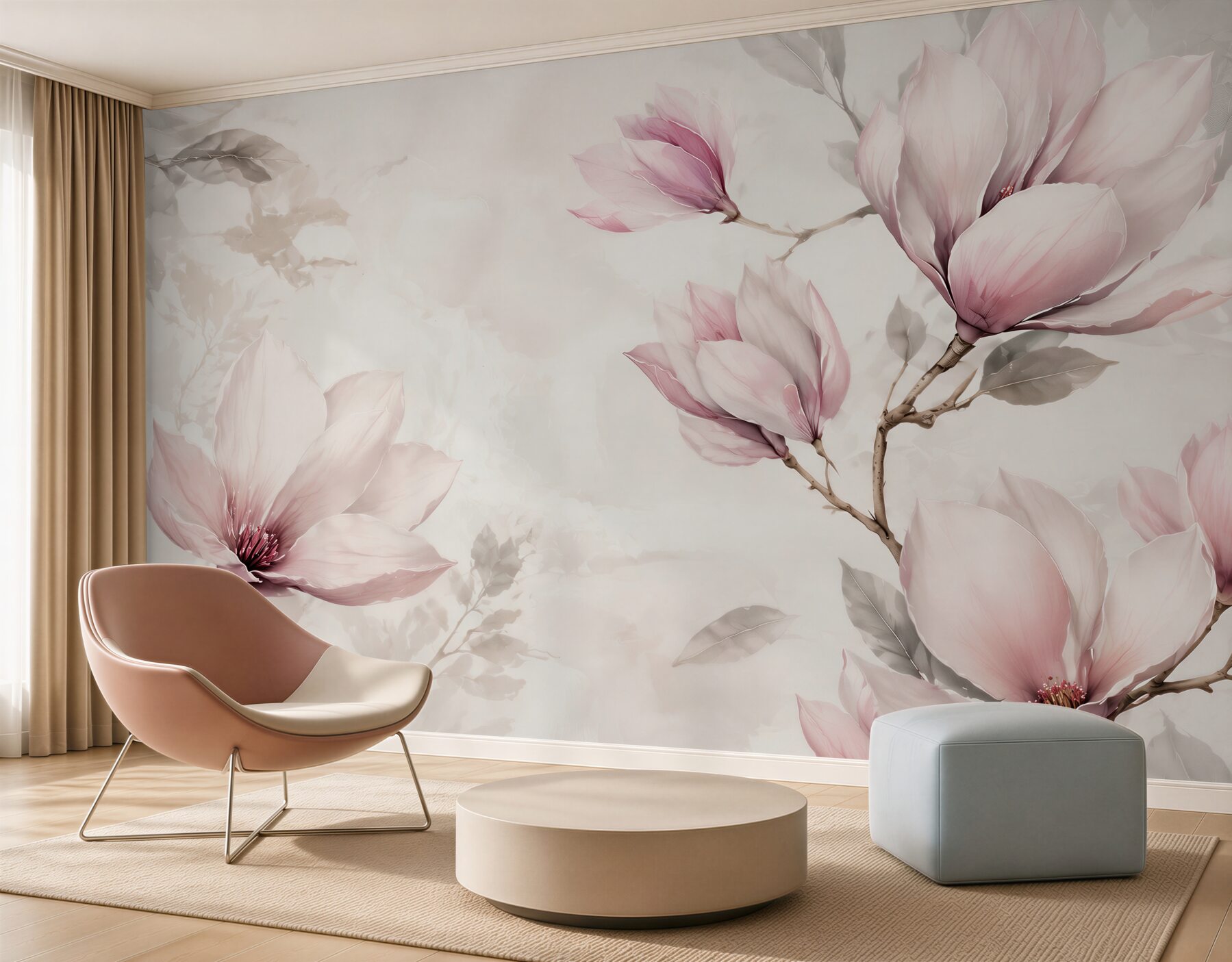 Fototapeta magnolie pudrowo różowe na gałęziach w stylu akwareli?v23