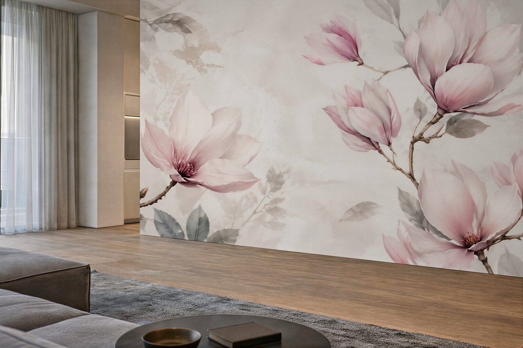 Fototapeta magnolie pudrowo różowe na gałęziach w stylu akwareli?v23