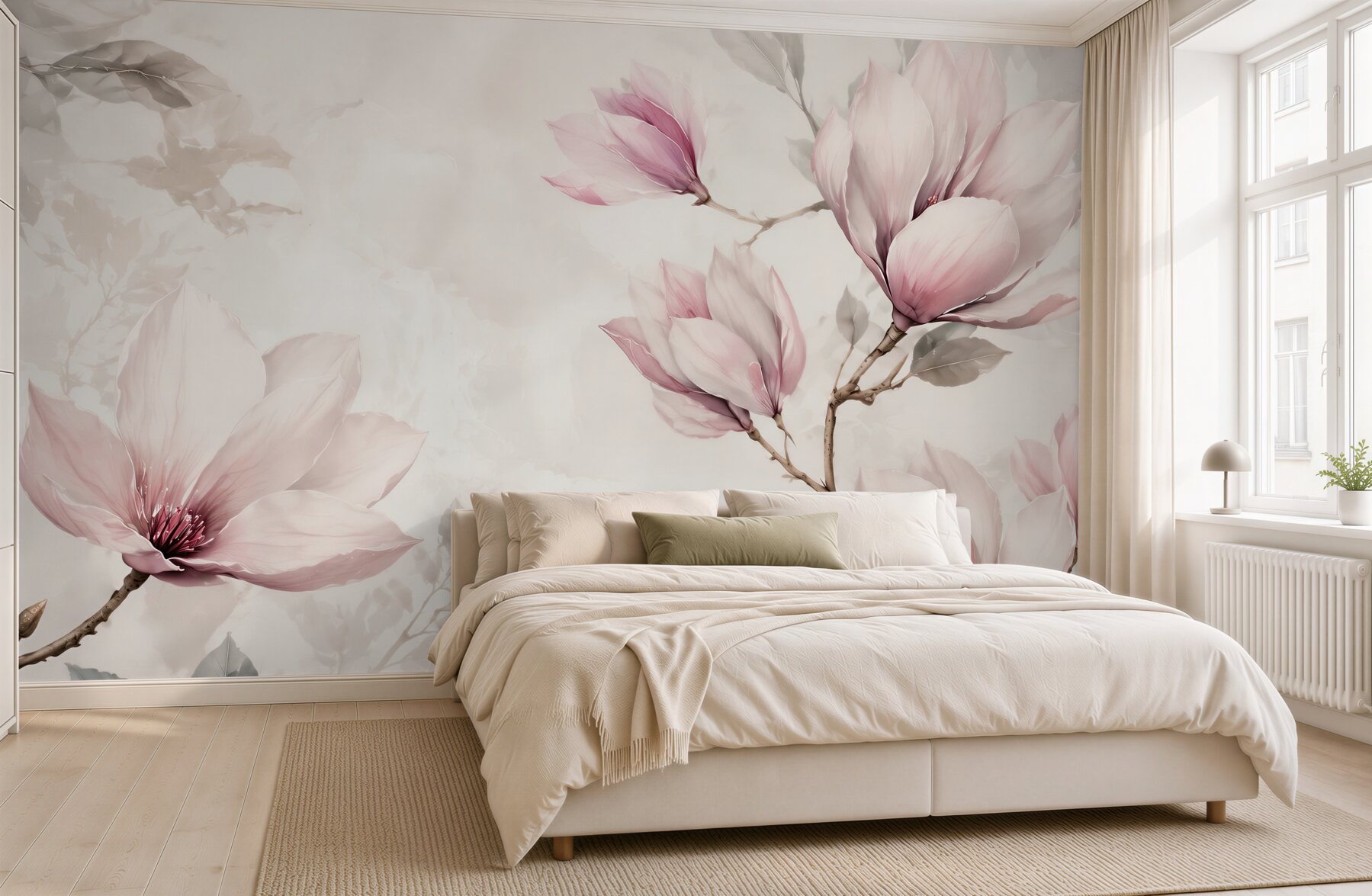 Fototapeta magnolie pudrowo różowe na gałęziach w stylu akwareli?v23