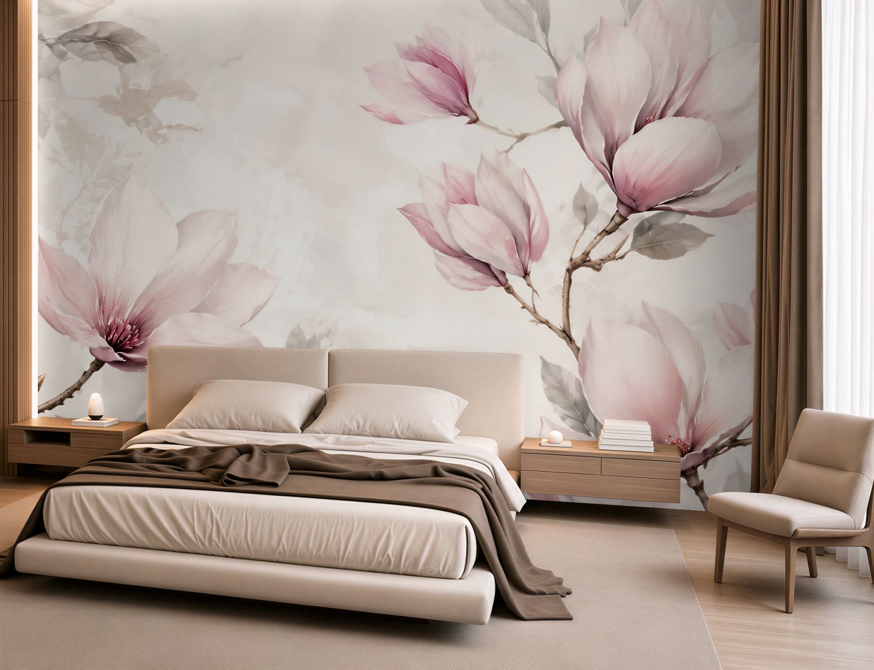 Fototapeta magnolie pudrowo różowe na gałęziach w stylu akwareli?v23