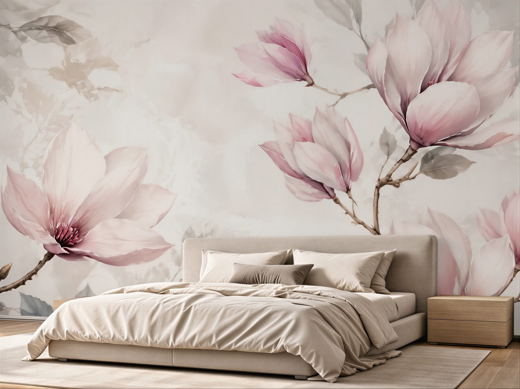 Fototapeta magnolie pudrowo różowe na gałęziach w stylu akwareli?v23