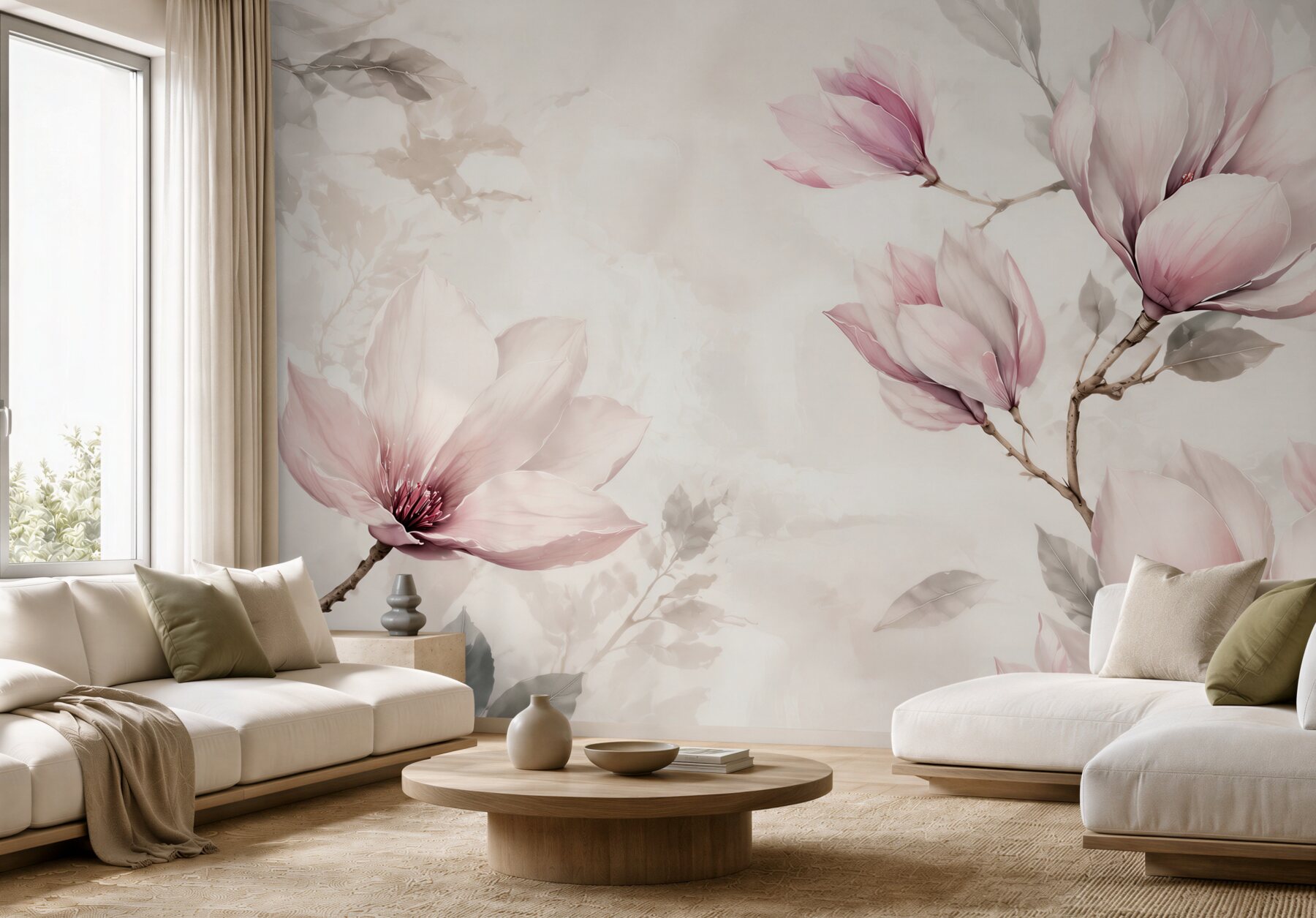 Fototapeta magnolie pudrowo różowe na gałęziach w stylu akwareli?v23