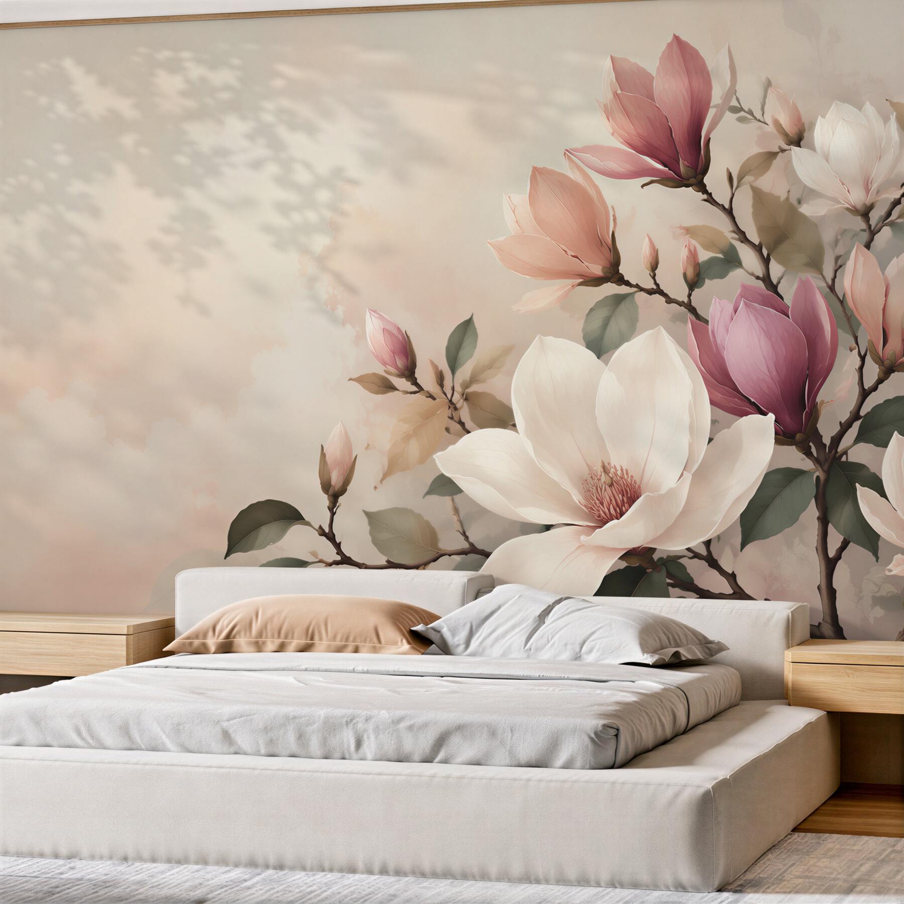 Fototapeta magnolia biała i różowa na gałęziach elegancka