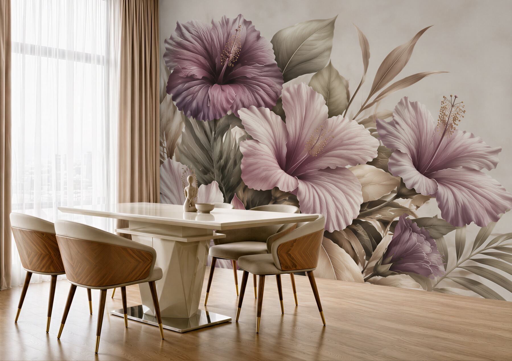 Fototapeta hibiskusy pudrowo fioletowe z beżowymi liśćmi?v23
