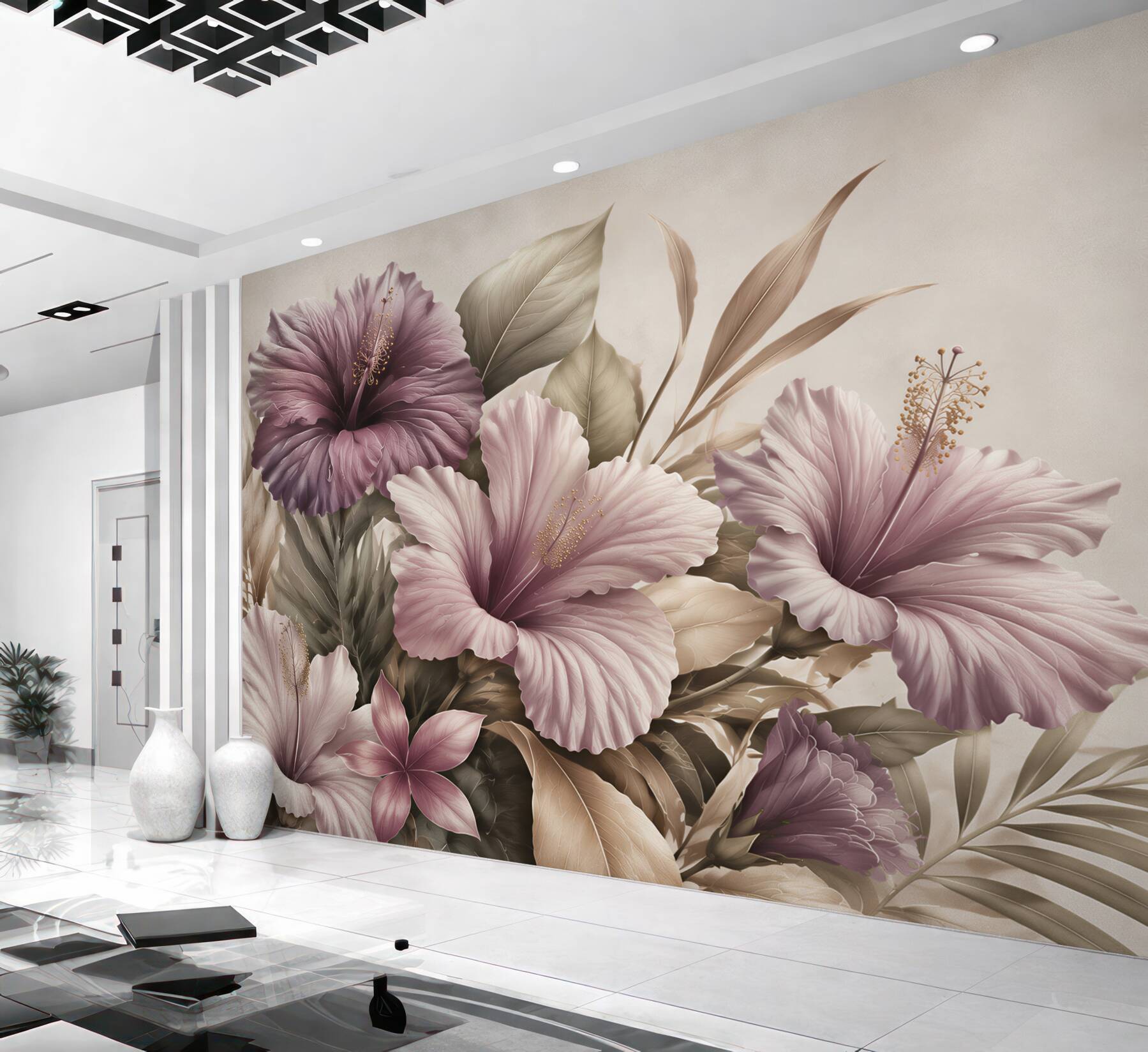 Fototapeta hibiskusy pudrowo fioletowe z beżowymi liśćmi?v23