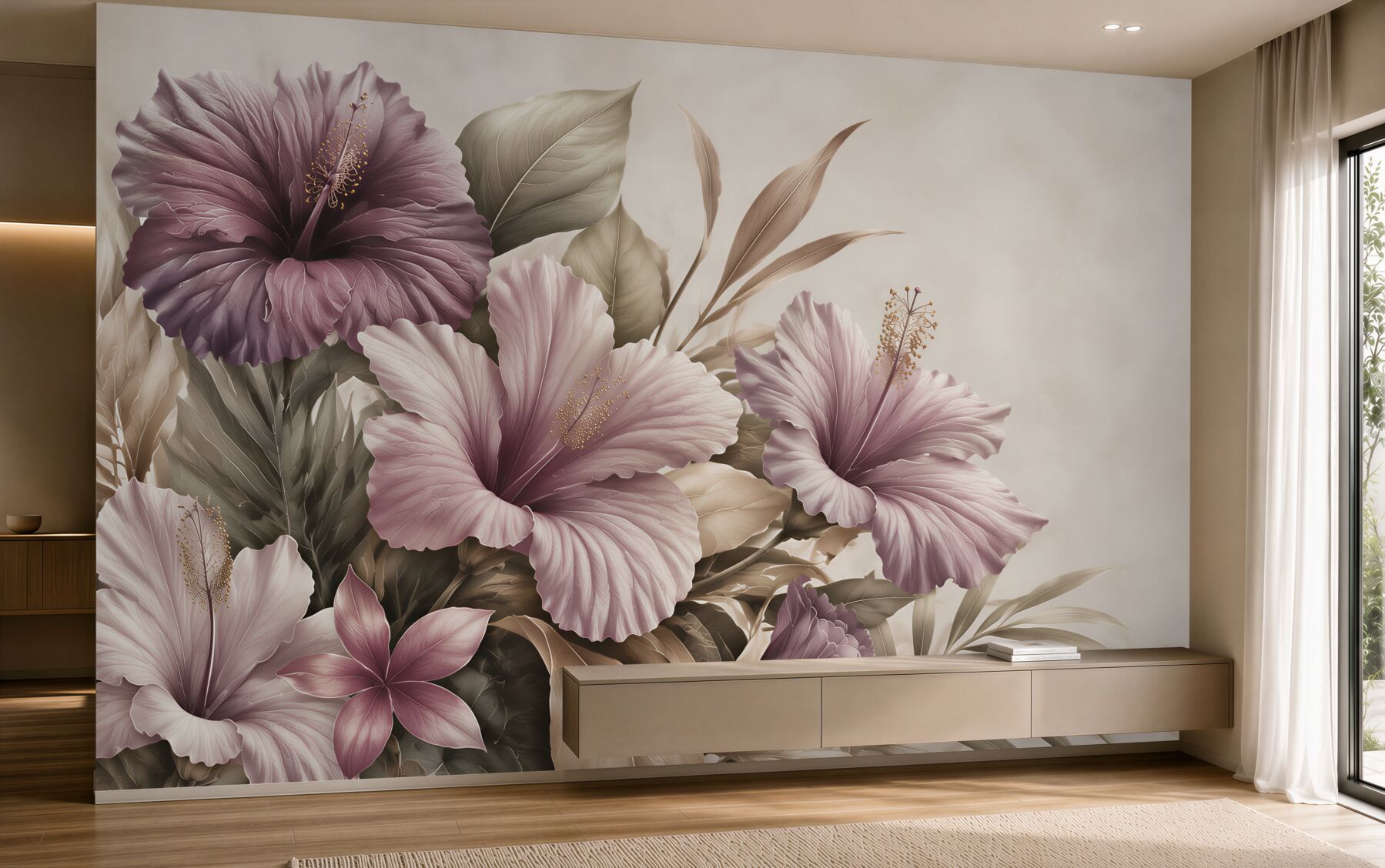 Fototapeta hibiskusy pudrowo fioletowe z beżowymi liśćmi?v23
