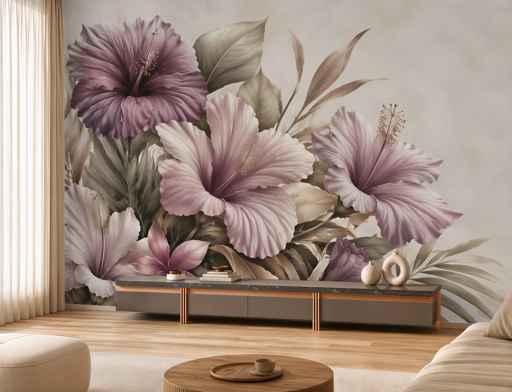 Fototapeta hibiskusy pudrowo fioletowe z beżowymi liśćmi?v23