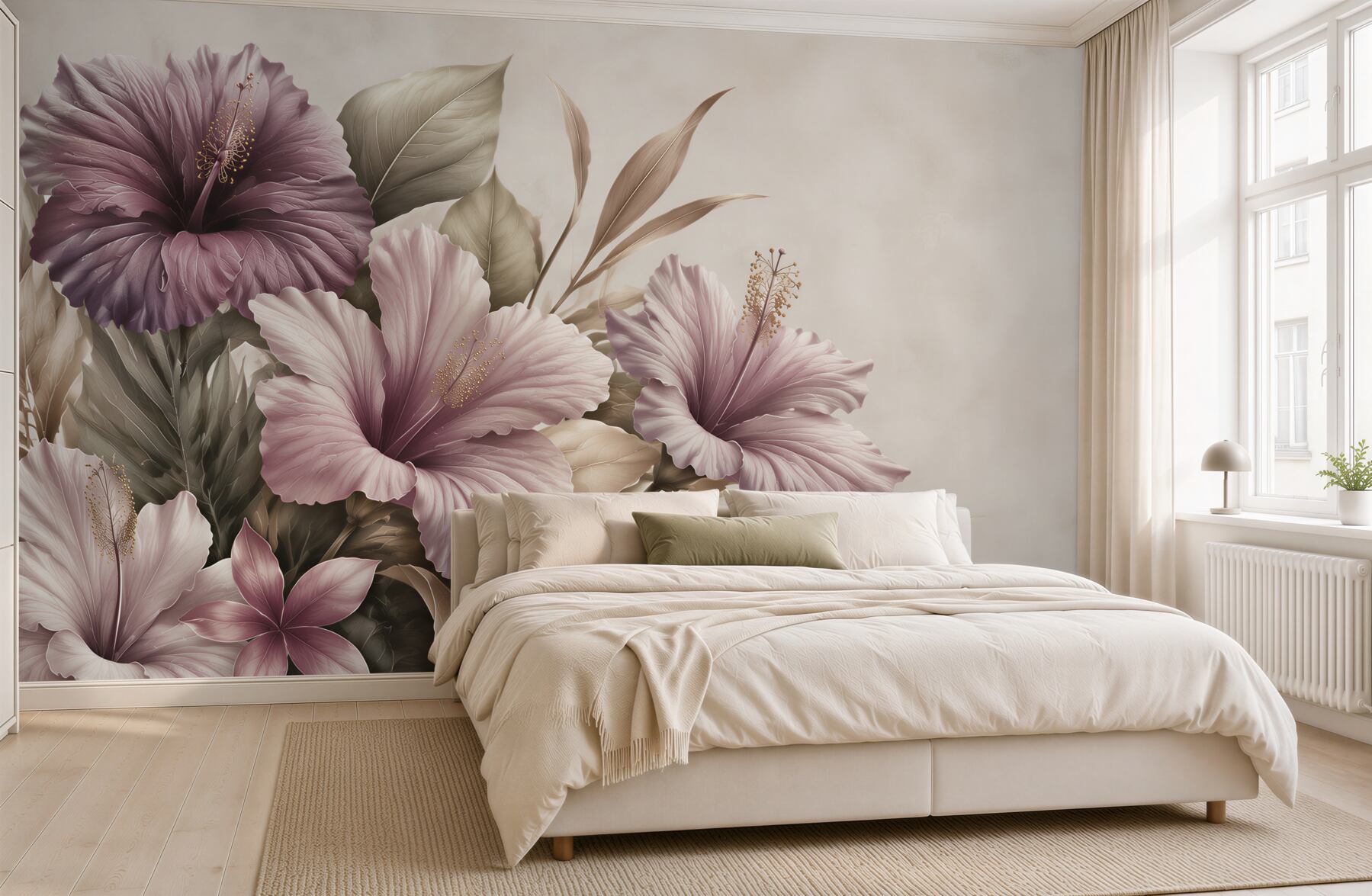 Fototapeta hibiskusy pudrowo fioletowe z beżowymi liśćmi?v23