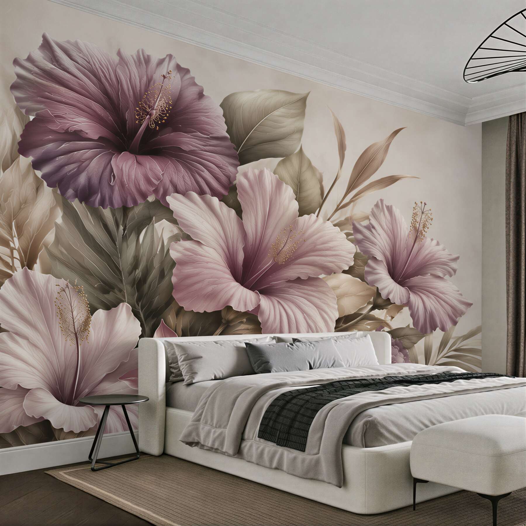 Fototapeta hibiskusy pudrowo fioletowe z beżowymi liśćmi?v23