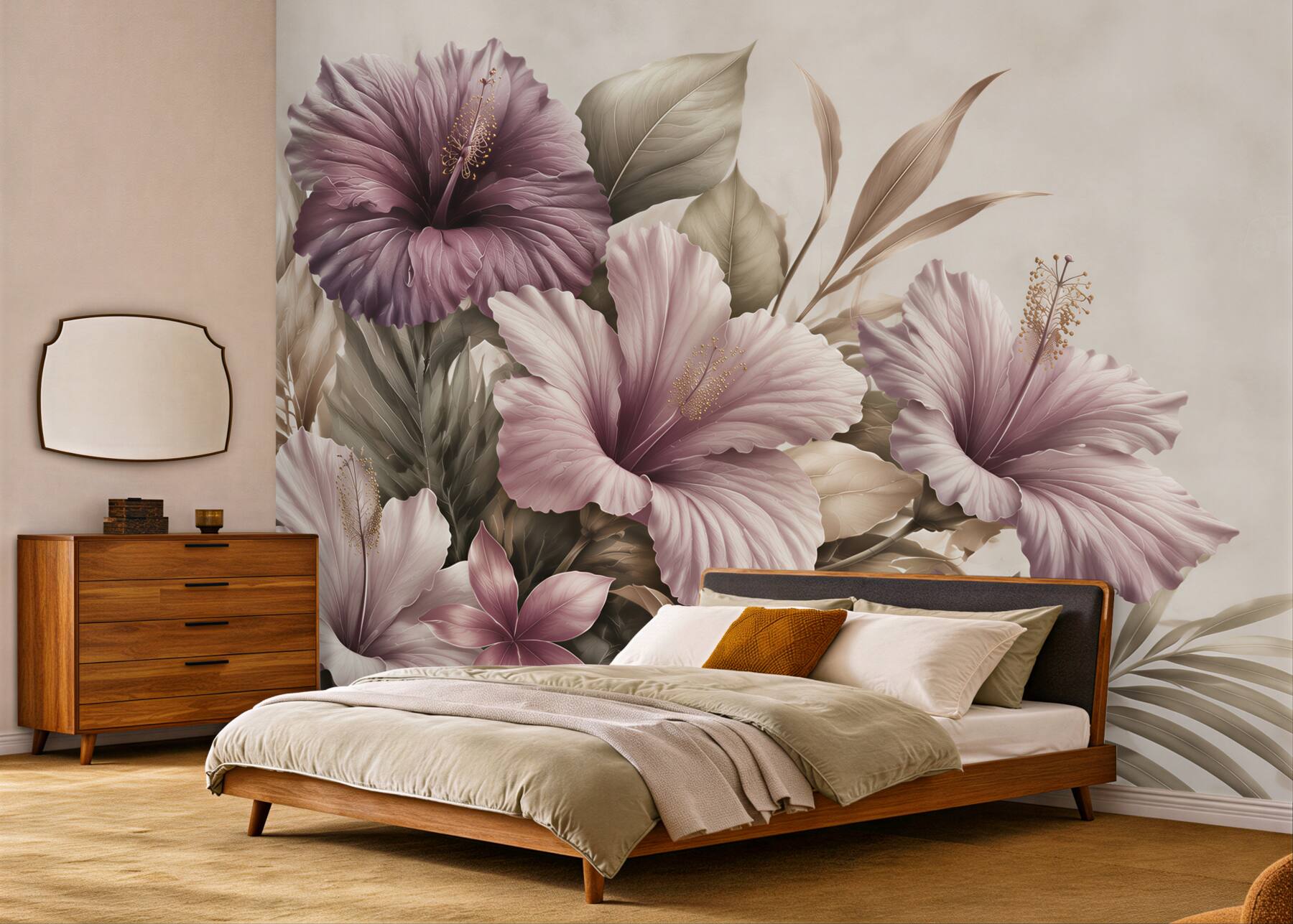 Fototapeta hibiskusy pudrowo fioletowe z beżowymi liśćmi?v23