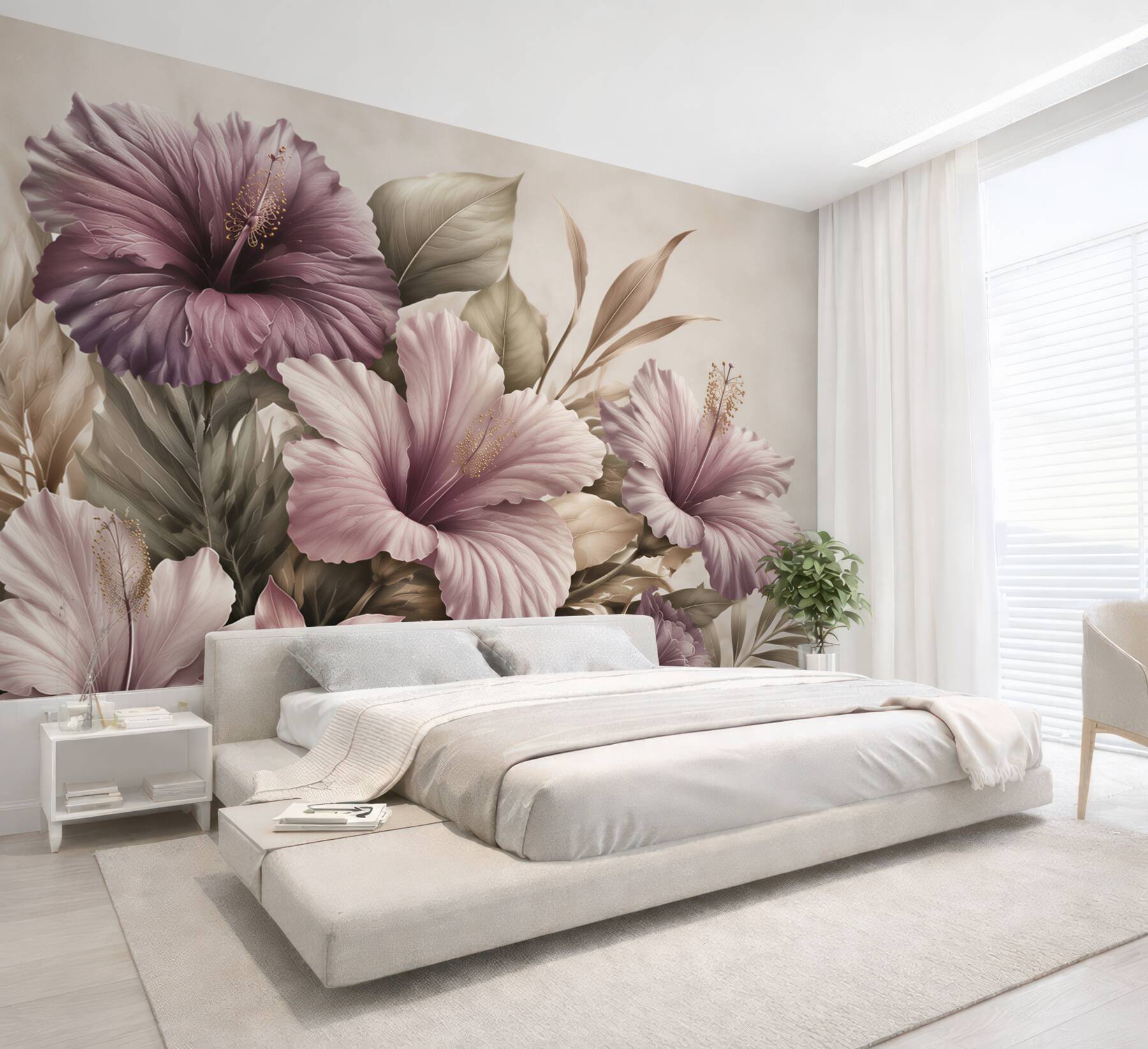 Fototapeta hibiskusy pudrowo fioletowe z beżowymi liśćmi?v23