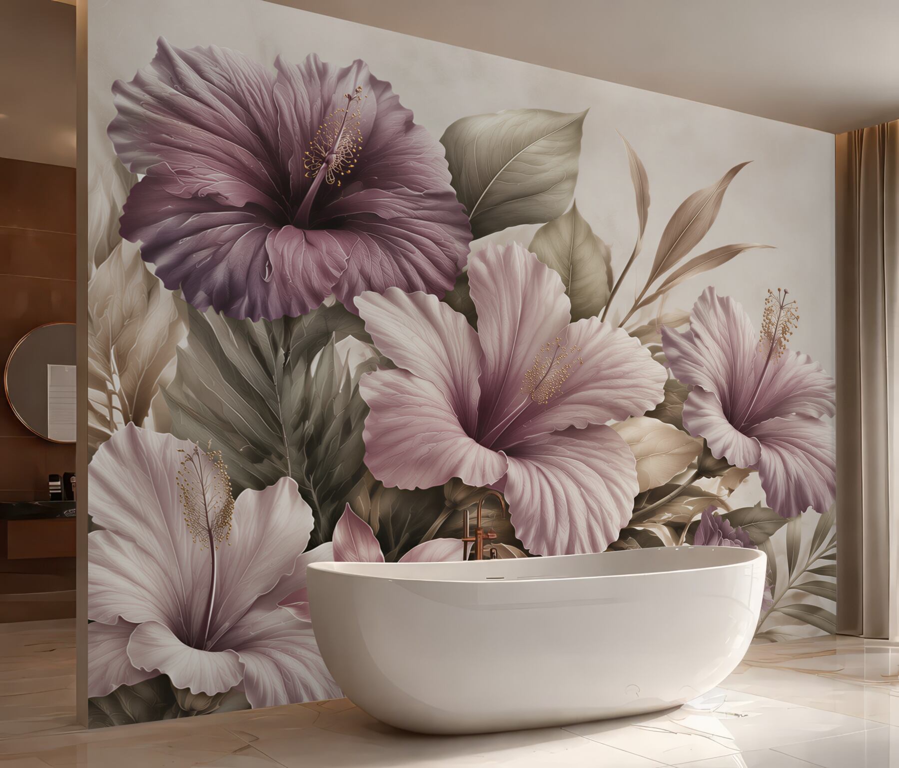 Fototapeta hibiskusy pudrowo fioletowe z beżowymi liśćmi?v23