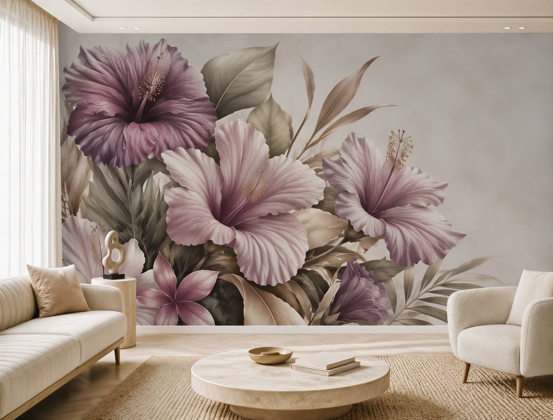 Fototapeta hibiskusy pudrowo fioletowe z beżowymi liśćmi?v23