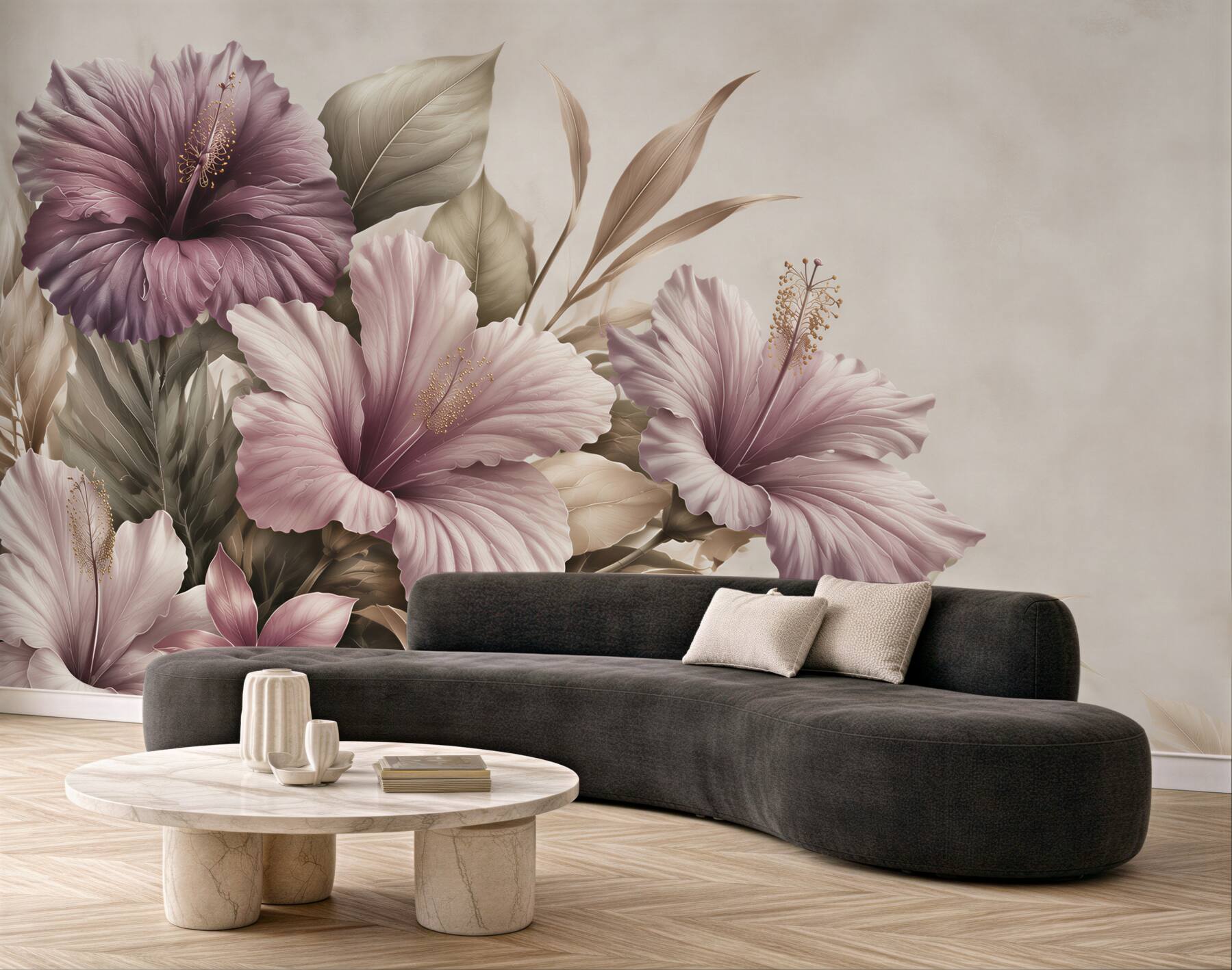 Fototapeta hibiskusy pudrowo fioletowe z beżowymi liśćmi?v23