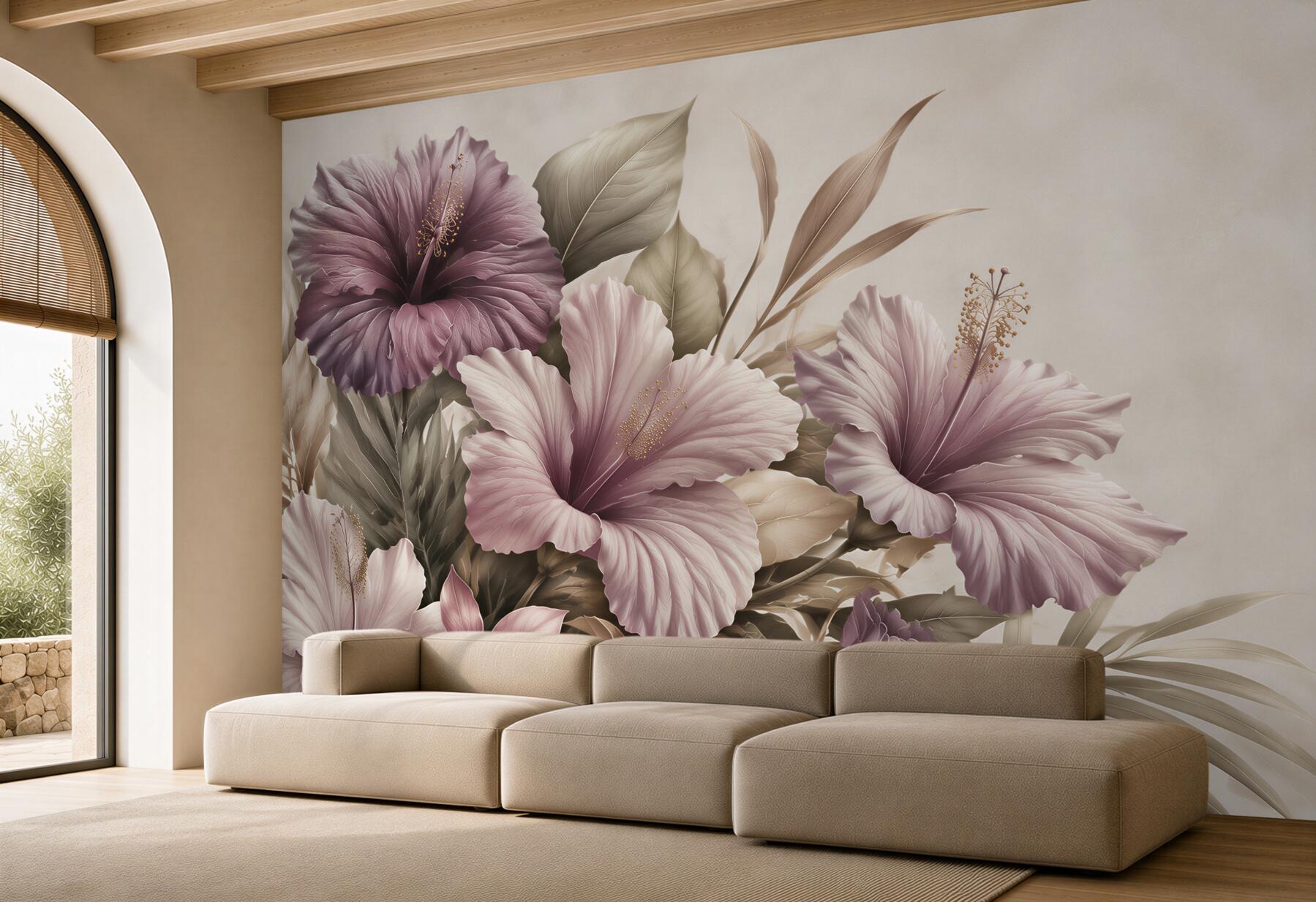 Fototapeta hibiskusy pudrowo fioletowe z beżowymi liśćmi?v23