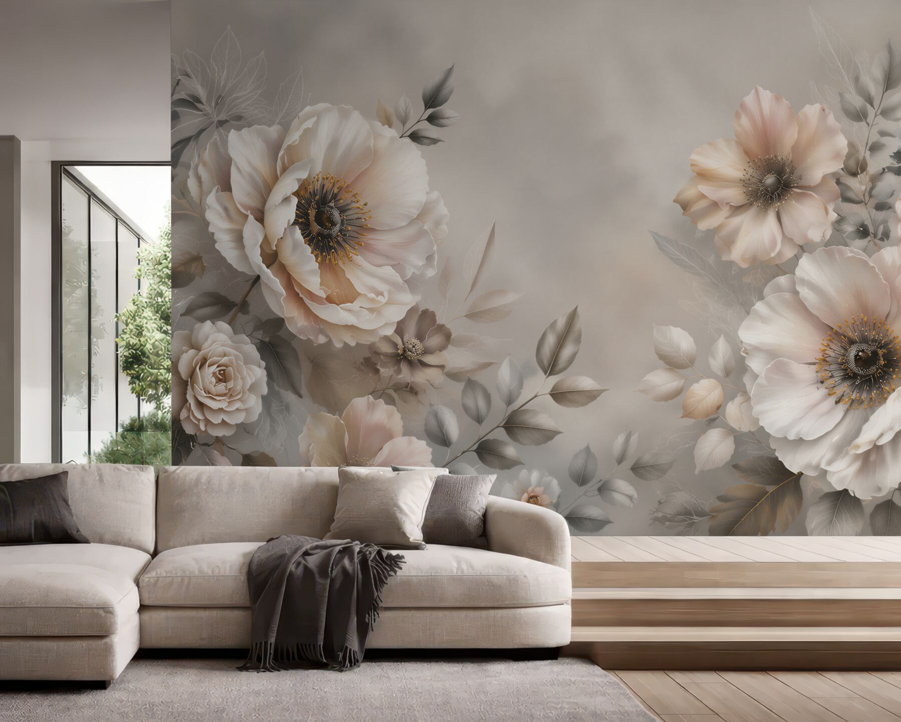 Fototapeta kremowe kwiaty z beżowymi liśćmi na szarym tle