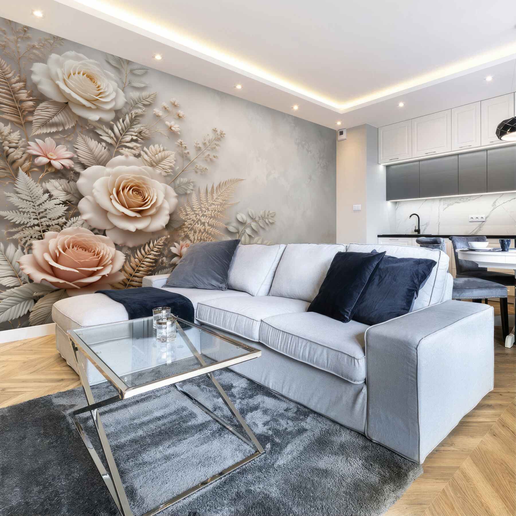 Fototapeta beżowe róże z liśćmi paproci elegancka do sypialni?v23