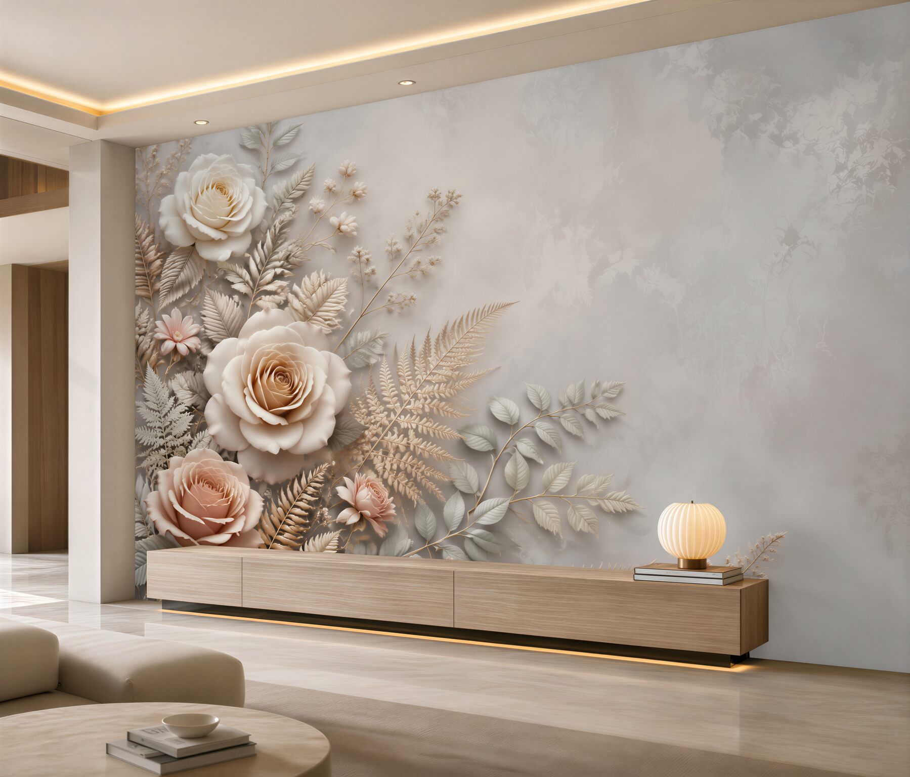 Fototapeta beżowe róże z liśćmi paproci elegancka do sypialni?v23