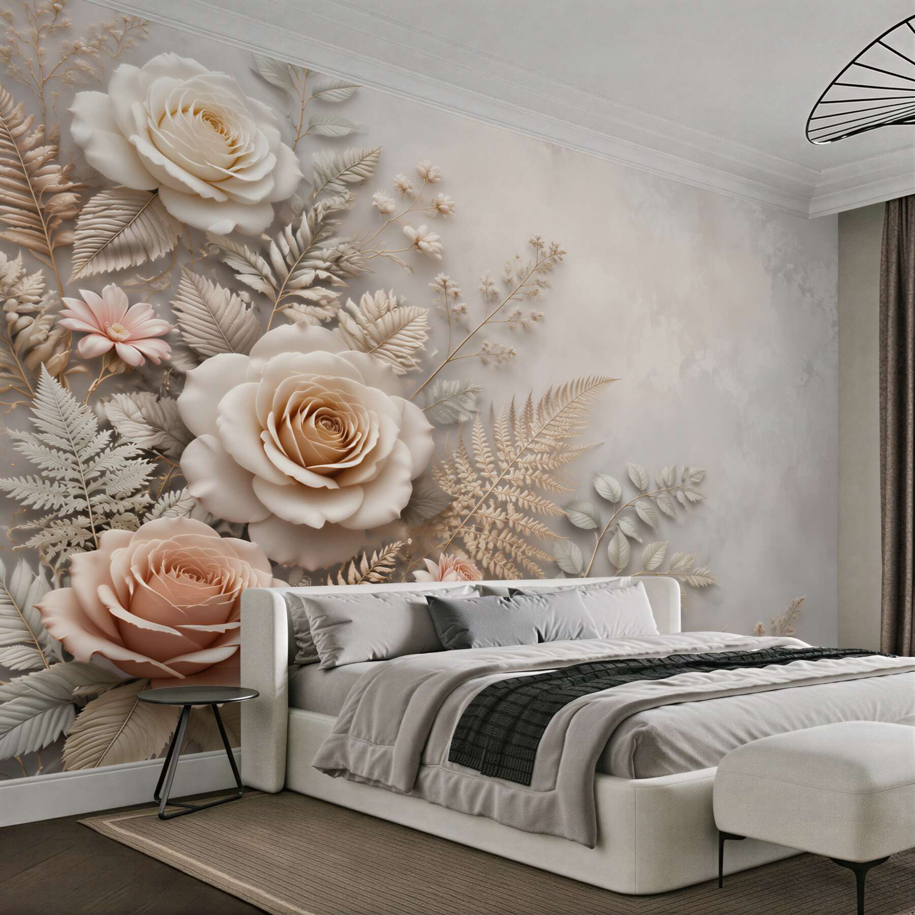 Fototapeta beżowe róże z liśćmi paproci elegancka do sypialni?v23