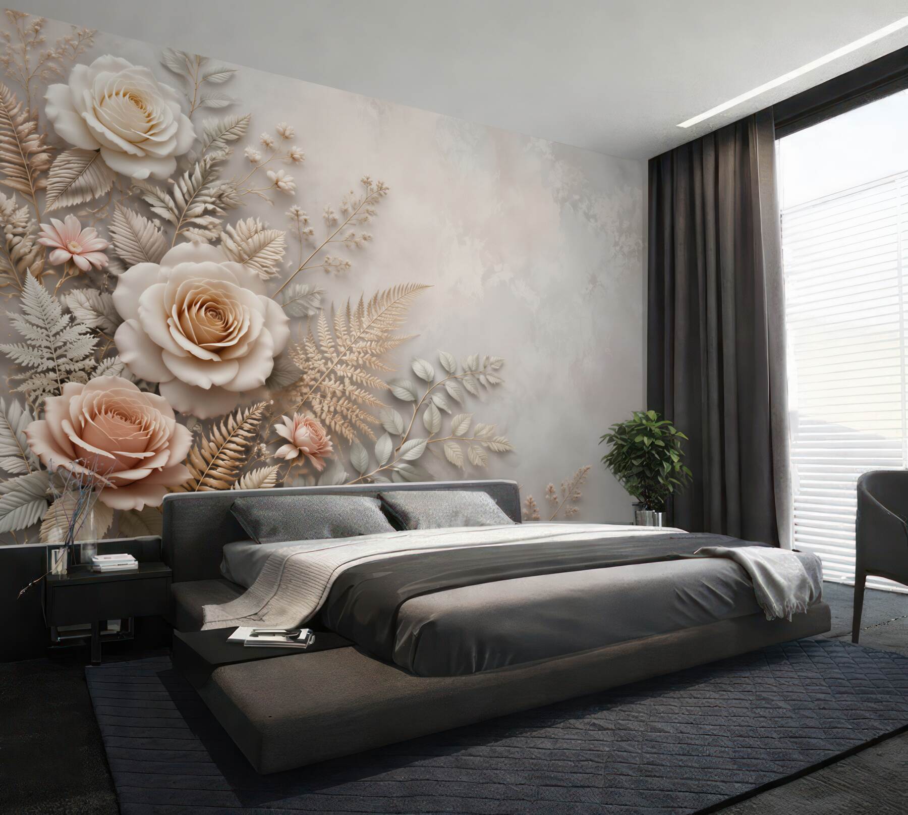 Fototapeta beżowe róże z liśćmi paproci elegancka do sypialni?v23
