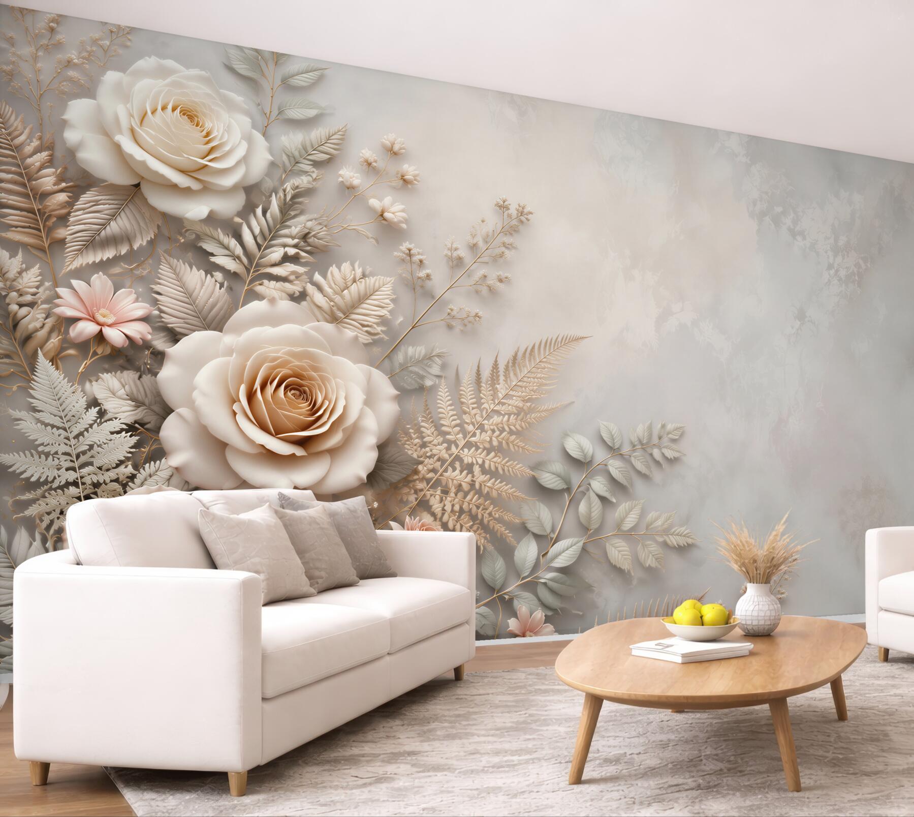 Fototapeta beżowe róże z liśćmi paproci elegancka do sypialni?v23