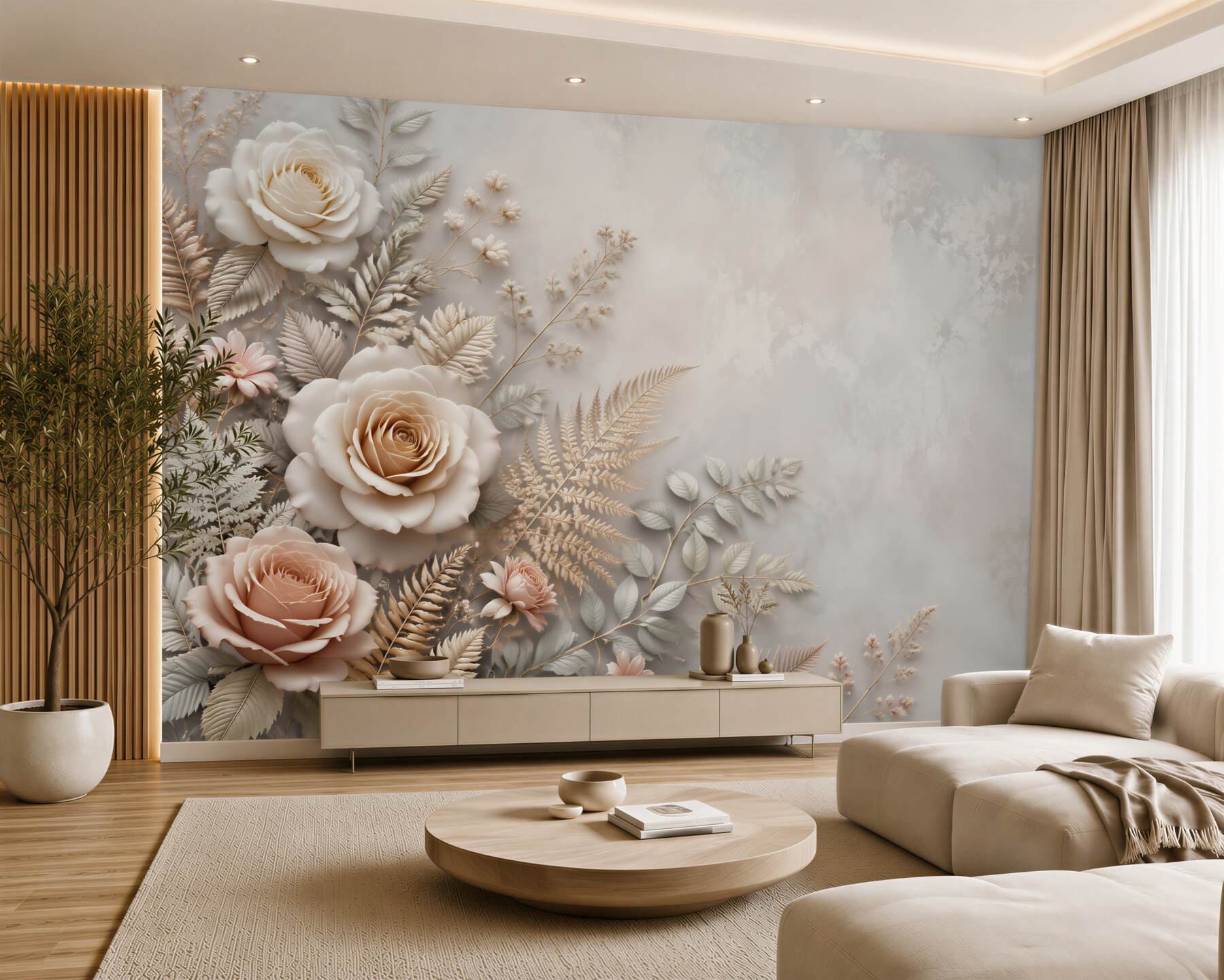 Fototapeta beżowe róże z liśćmi paproci elegancka do sypialni?v23
