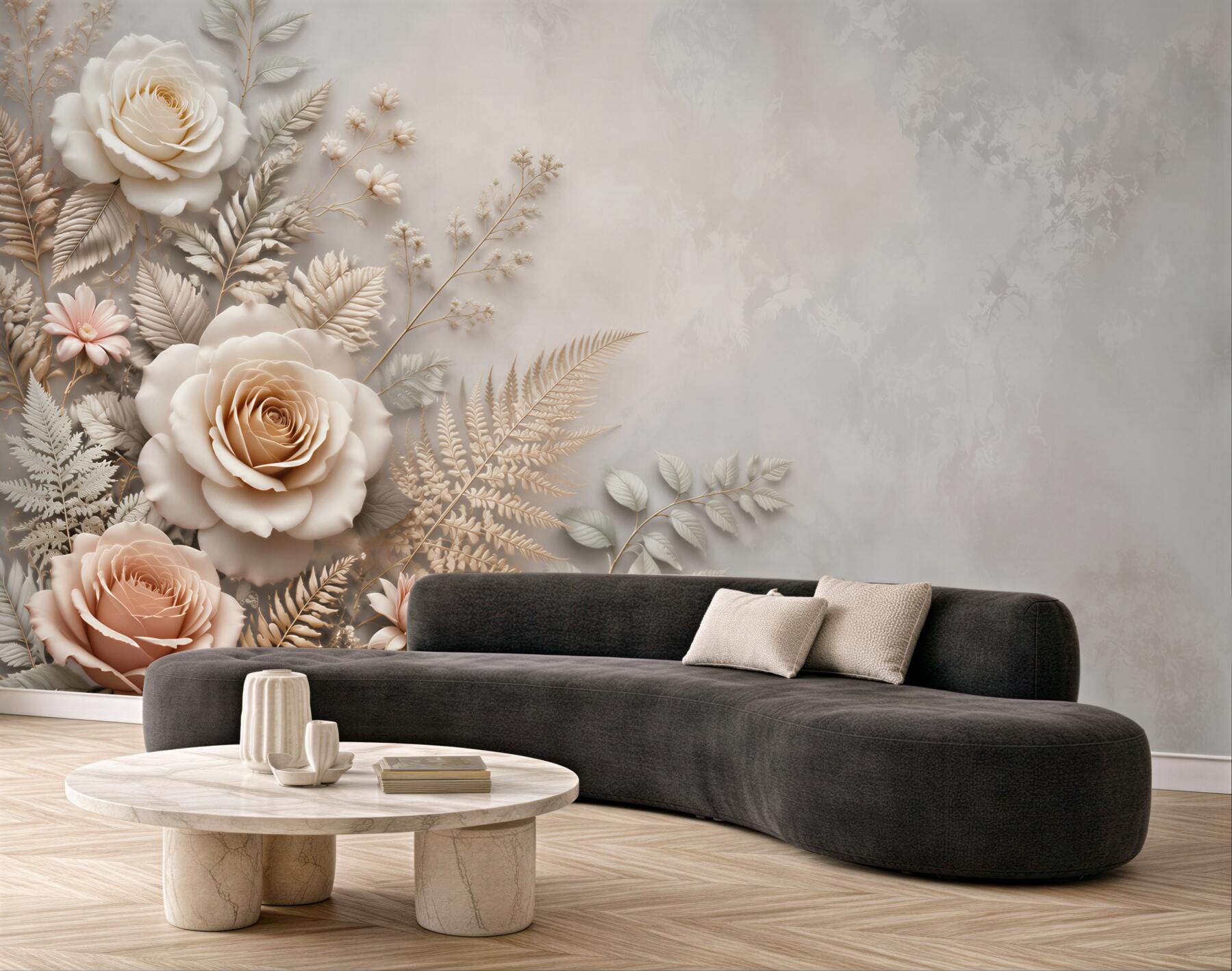 Fototapeta beżowe róże z liśćmi paproci elegancka do sypialni?v23
