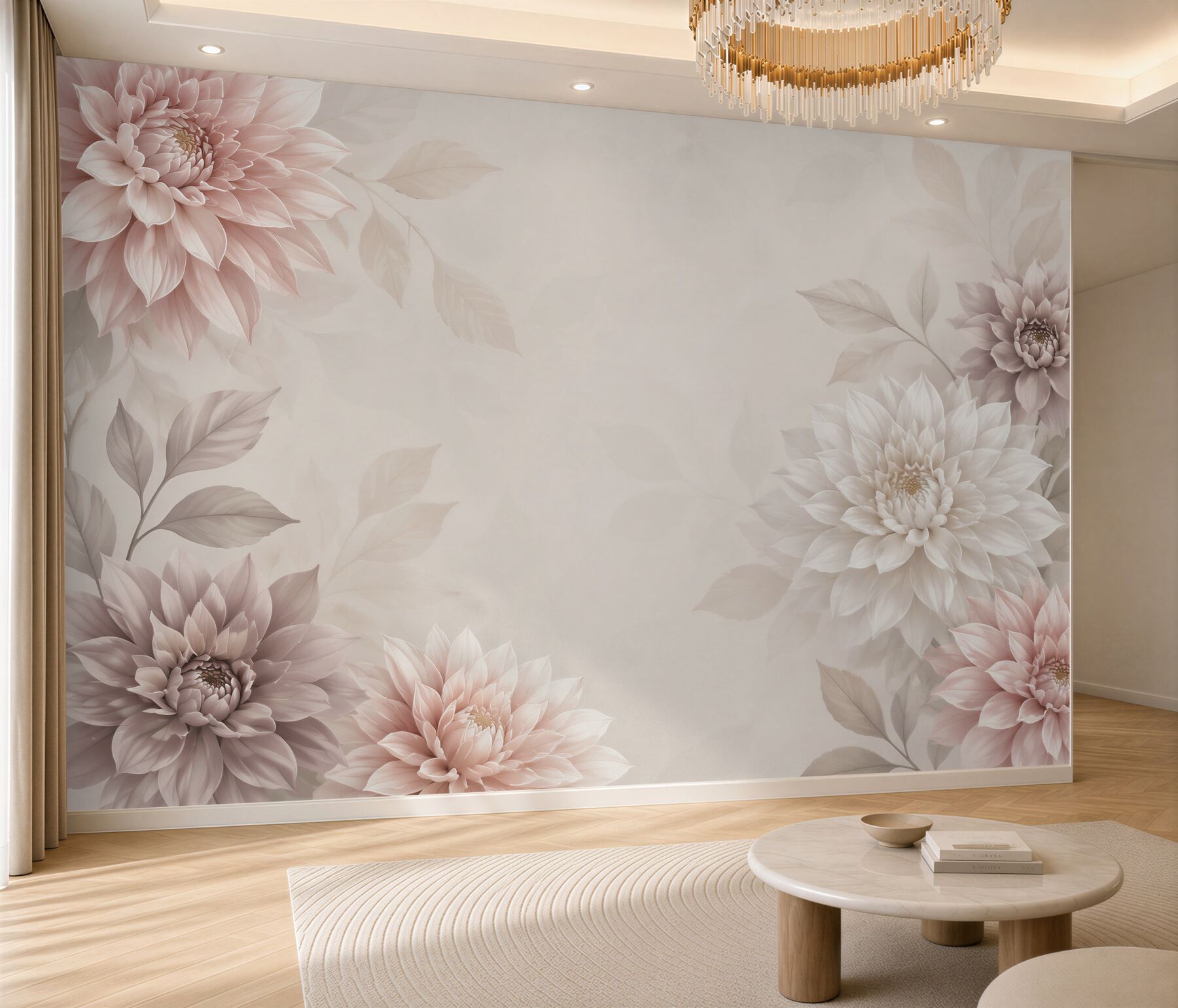 Fototapeta pastelowe dalie w beżu i pudrowym różu elegancka?v23